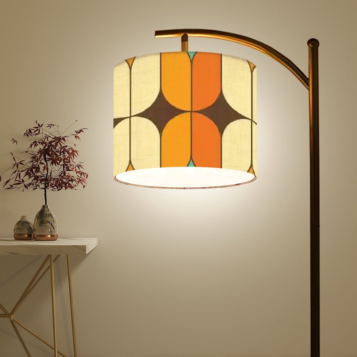 Kate McEnroe New York Mid Century Modern Arch Floor Lamp, Retro Geometric Drum Shade, Atomic Era Living Room Accent LightingFloor LampsQ9gIlhaHtn