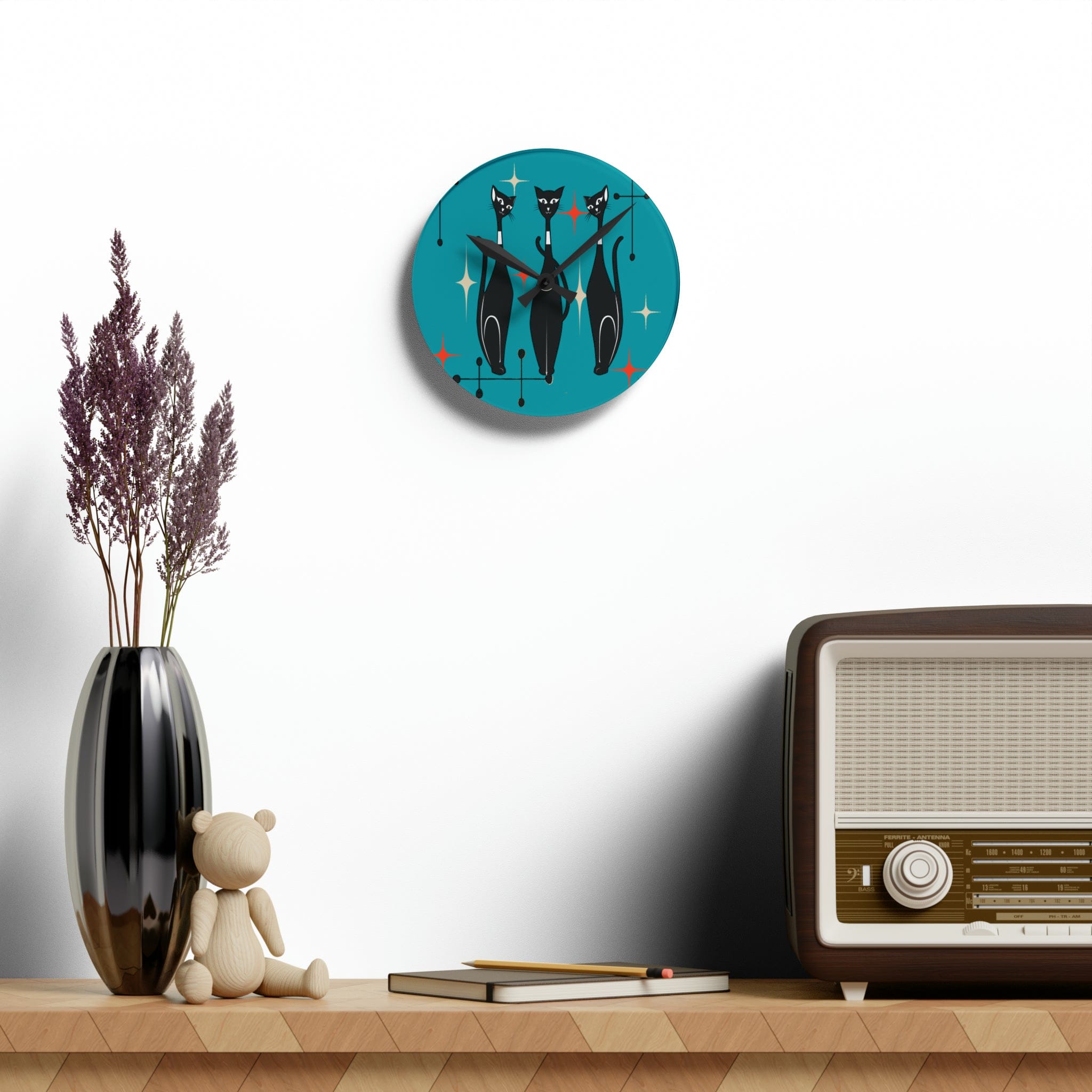 Kate McEnroe New York Mid Century Modern Atomic Cat Acrylic Wall Clock, Retro MCM Living Room, Bedroom, Office, Kids Home DecorWall Clocks20274609771987143681