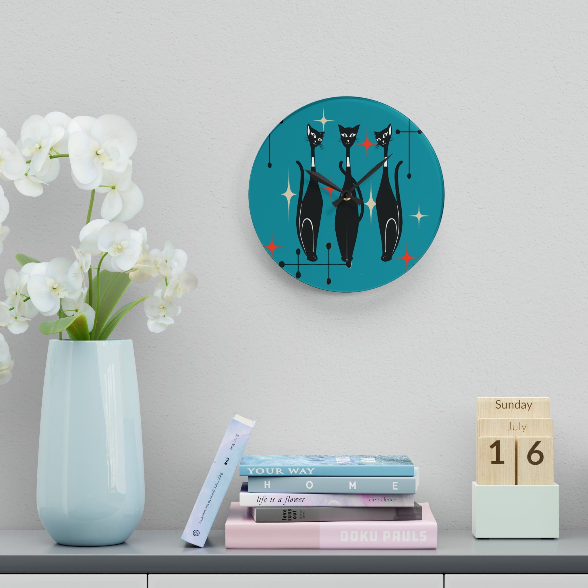 Kate McEnroe New York Mid Century Modern Atomic Cat Acrylic Wall Clock, Retro MCM Living Room, Bedroom, Office, Kids Home DecorWall Clocks20274609771987143681