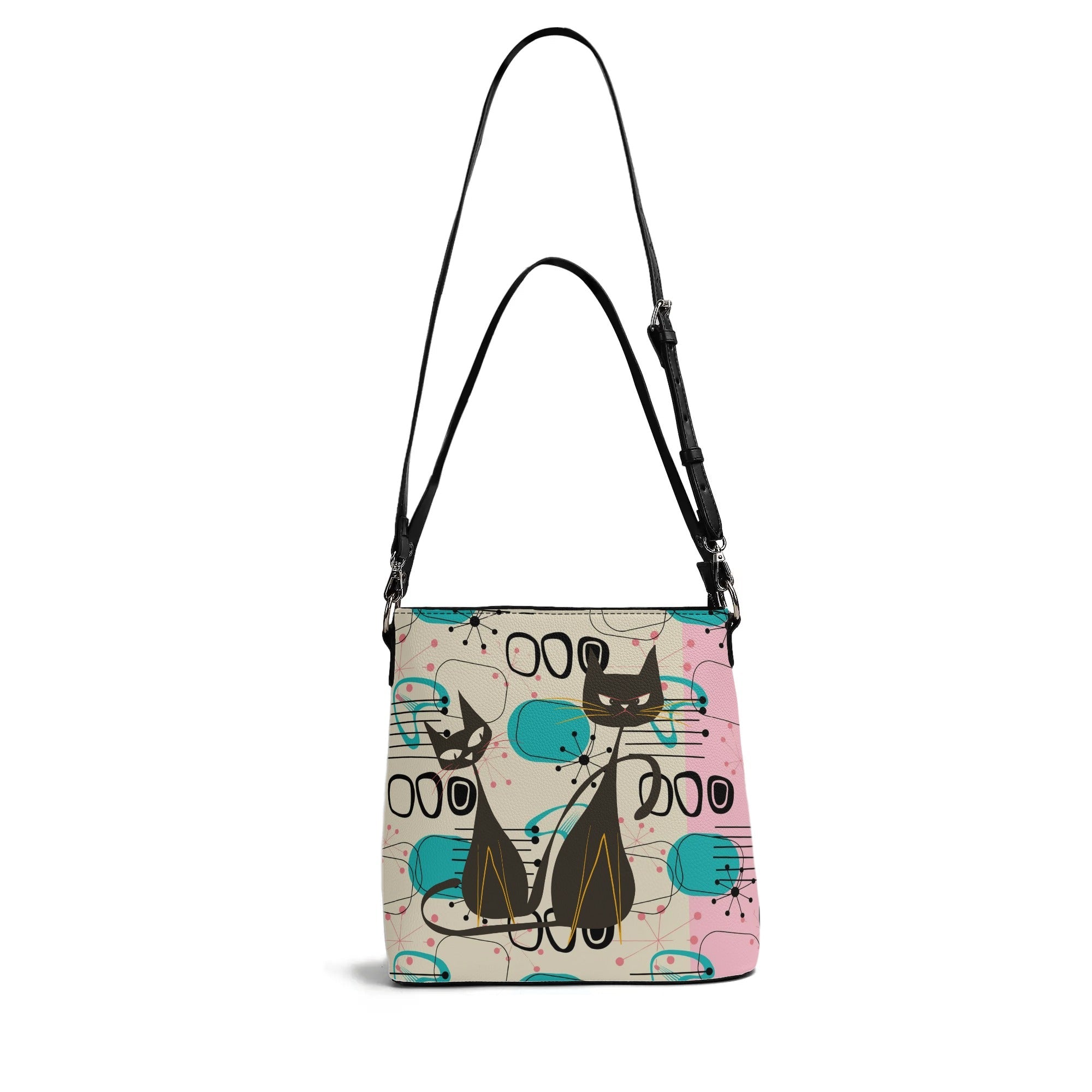 Kate McEnroe New York Mid Century Modern Atomic Cat Bucket Bag, Retro Pink, Turquoise, and Black Shoulder BagHandbagsWDE6PK1Y - 1