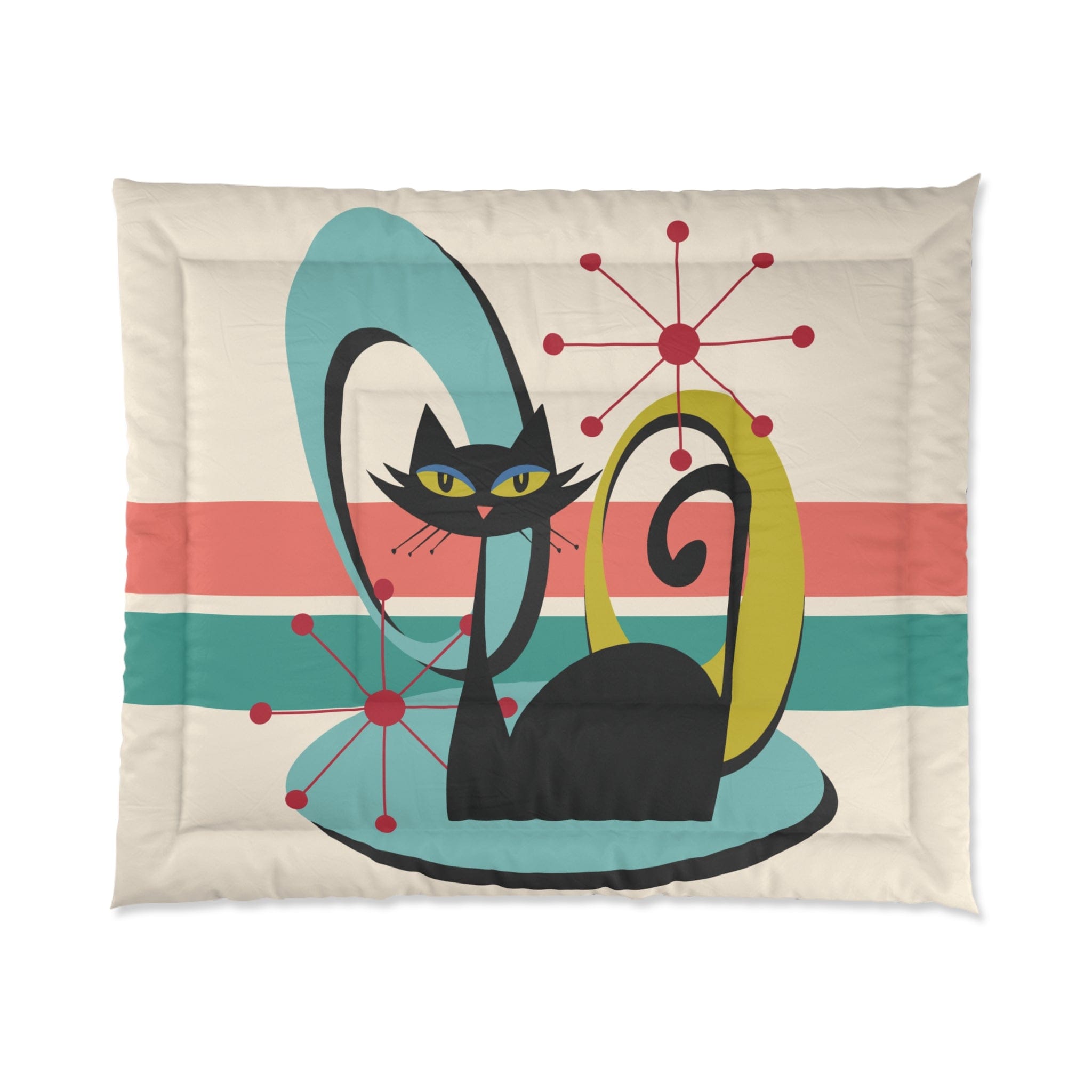 Kate McEnroe New York Mid Century Modern Atomic Cat Comforter, Retro MCM Teal, Beige, Coral Bedding, Nostalgic 50s Bedroom DecorComforters10112511037738916560