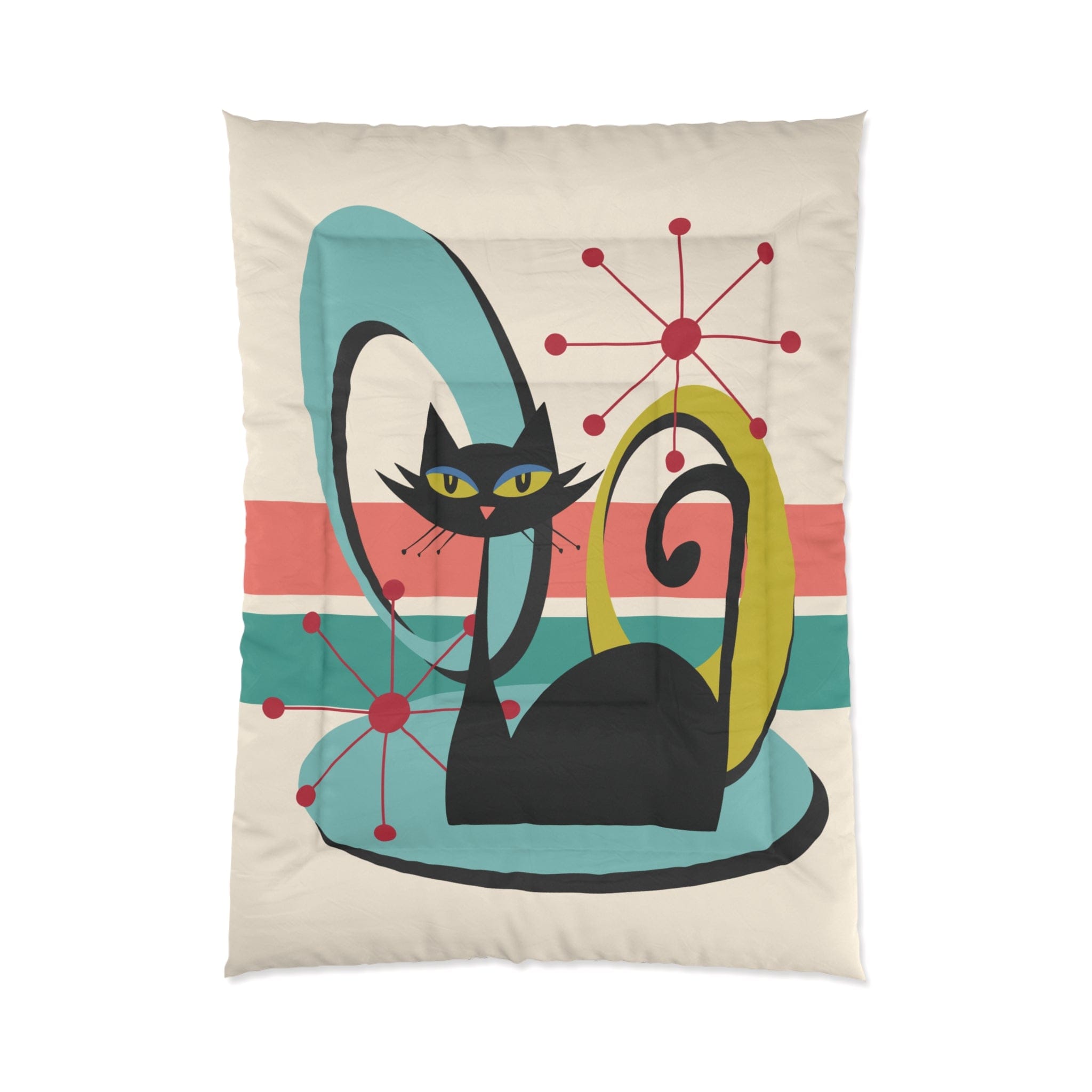 Kate McEnroe New York Mid Century Modern Atomic Cat Comforter, Retro MCM Teal, Beige, Coral Bedding, Nostalgic 50s Bedroom DecorComforters10112511037738916560