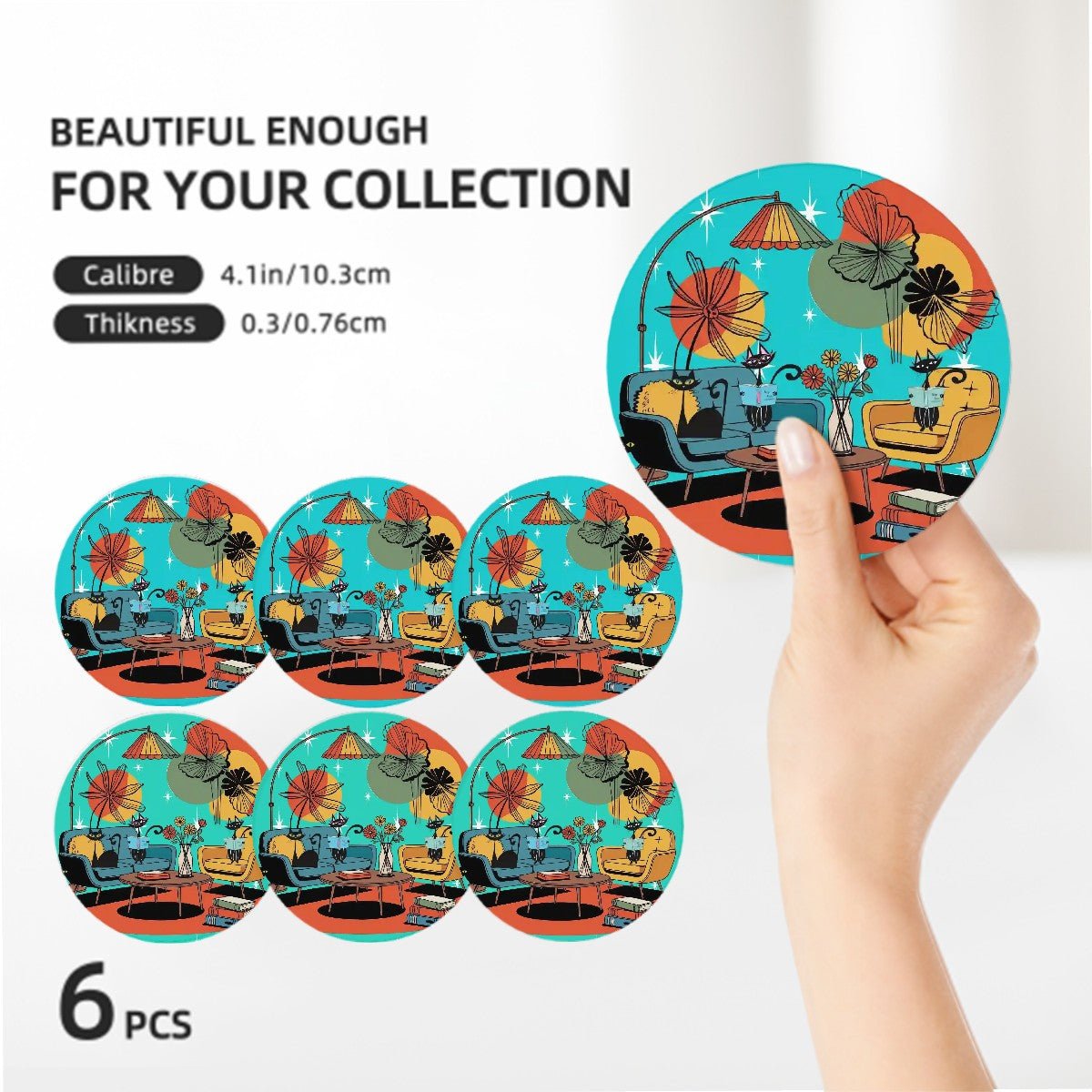 Kate McEnroe New York Mid Century Modern Atomic Cat Den Coaster Set, Retro Kitsch DrinkwareCoastersOjK9MU2TLQ