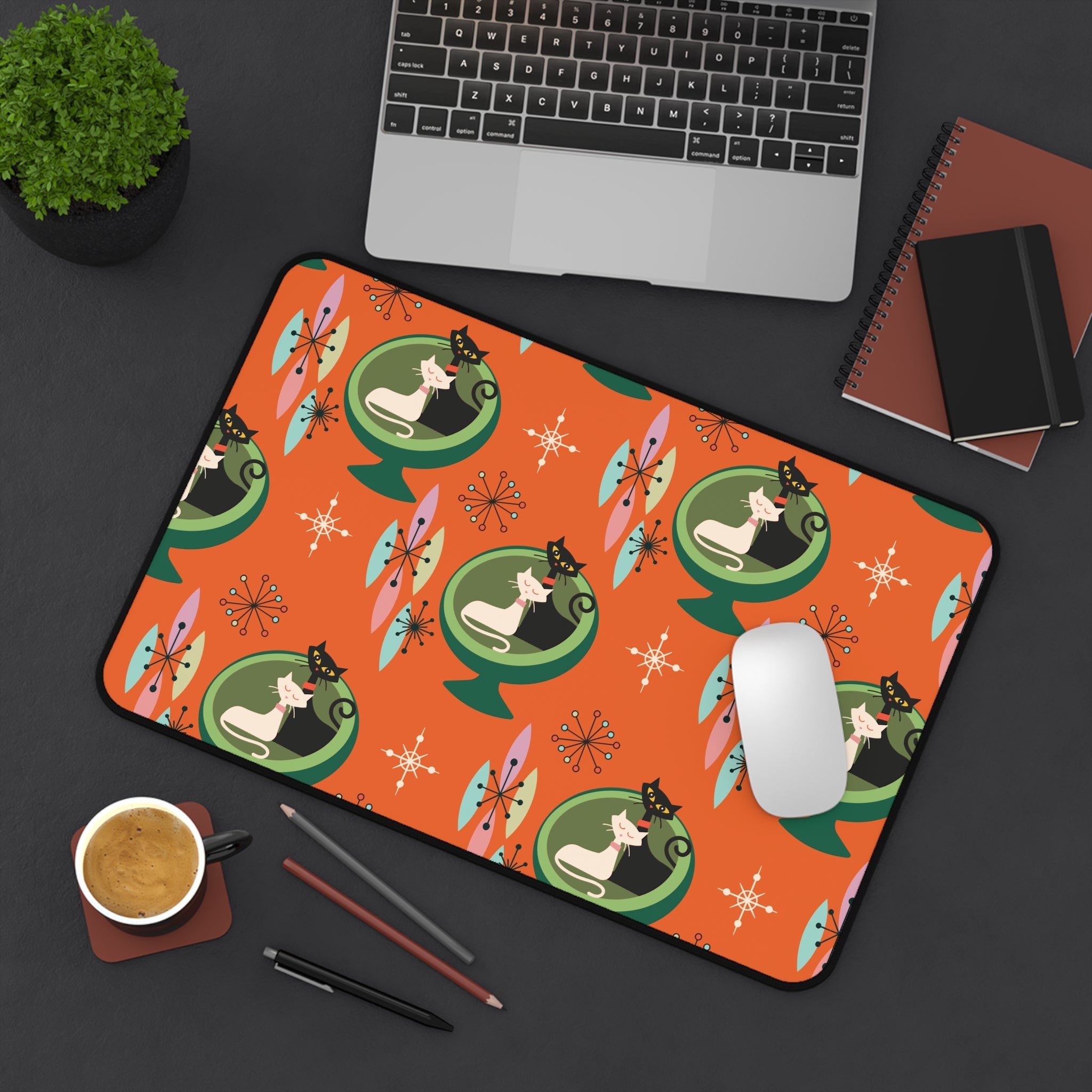 Kate McEnroe New York Mid - Century Modern Atomic Cat Desk Mat in Burnt Orange and Green, Retro Sputnik Egg Chair Office AccessoryDesk Mats18246931096639469787