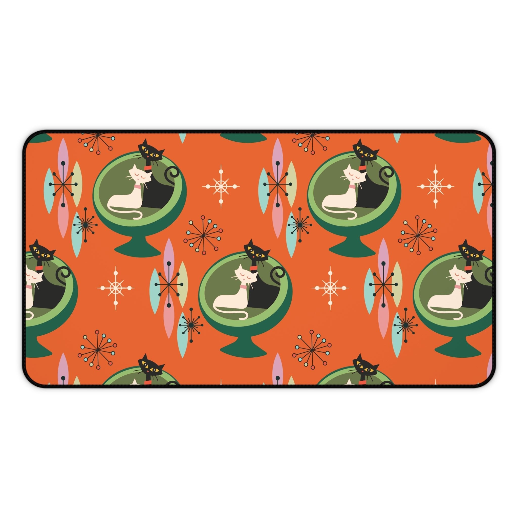 Kate McEnroe New York Mid - Century Modern Atomic Cat Desk Mat in Burnt Orange and Green, Retro Sputnik Egg Chair Office AccessoryDesk Mats18246931096639469787