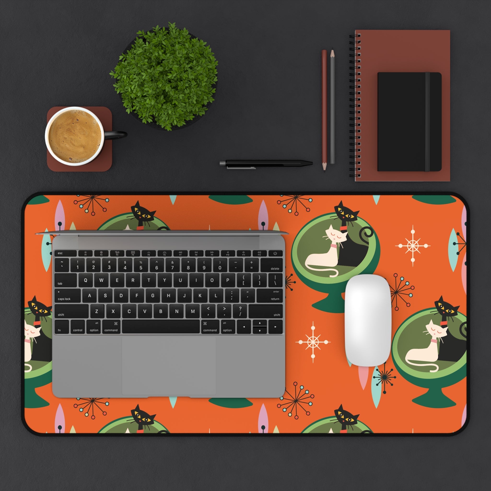 Kate McEnroe New York Mid - Century Modern Atomic Cat Desk Mat in Burnt Orange and Green, Retro Sputnik Egg Chair Office AccessoryDesk Mats18246931096639469787