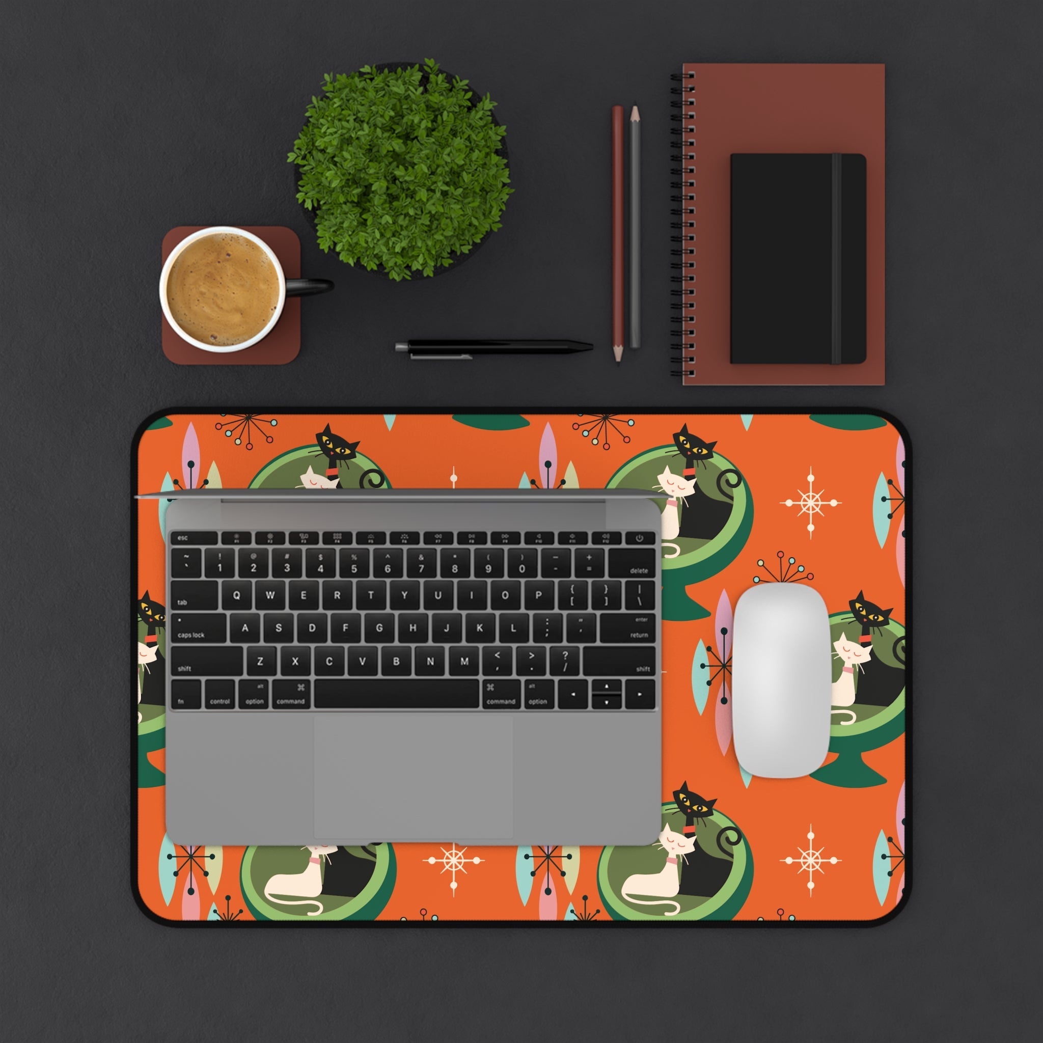Kate McEnroe New York Mid - Century Modern Atomic Cat Desk Mat in Burnt Orange and Green, Retro Sputnik Egg Chair Office AccessoryDesk Mats18246931096639469787