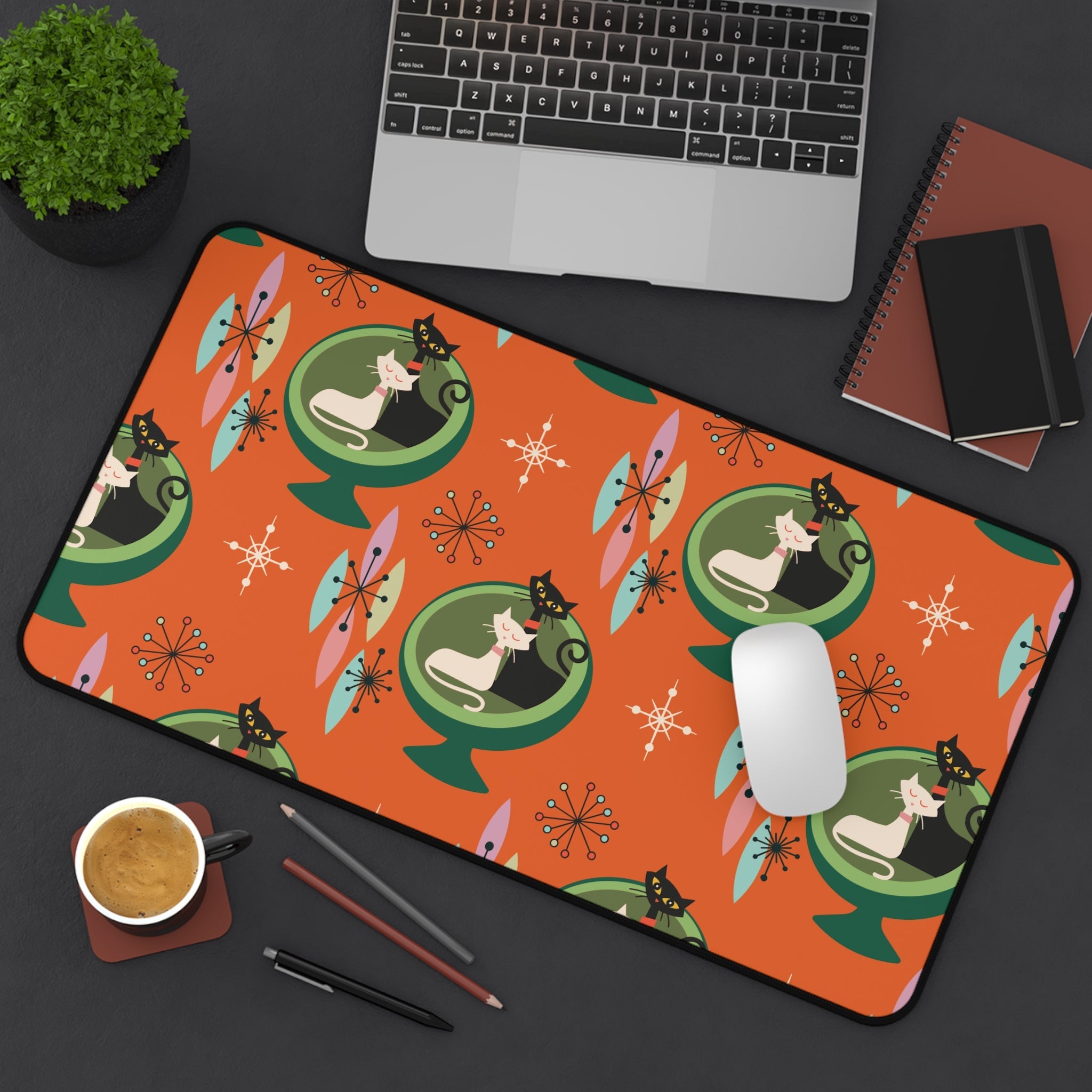 Kate McEnroe New York Mid - Century Modern Atomic Cat Desk Mat in Burnt Orange and Green, Retro Sputnik Egg Chair Office AccessoryDesk Mats18246931096639469787