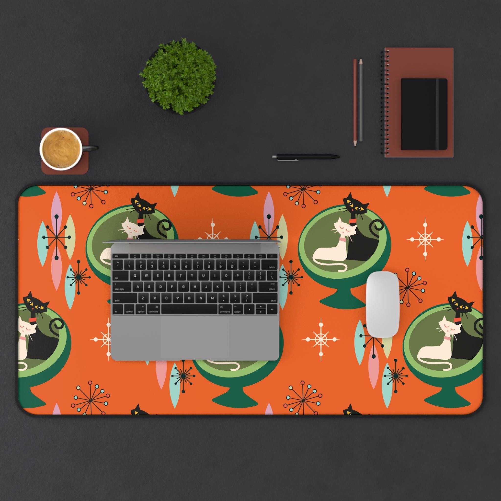 Kate McEnroe New York Mid - Century Modern Atomic Cat Desk Mat in Burnt Orange and Green, Retro Sputnik Egg Chair Office AccessoryDesk Mats24588284768516704513