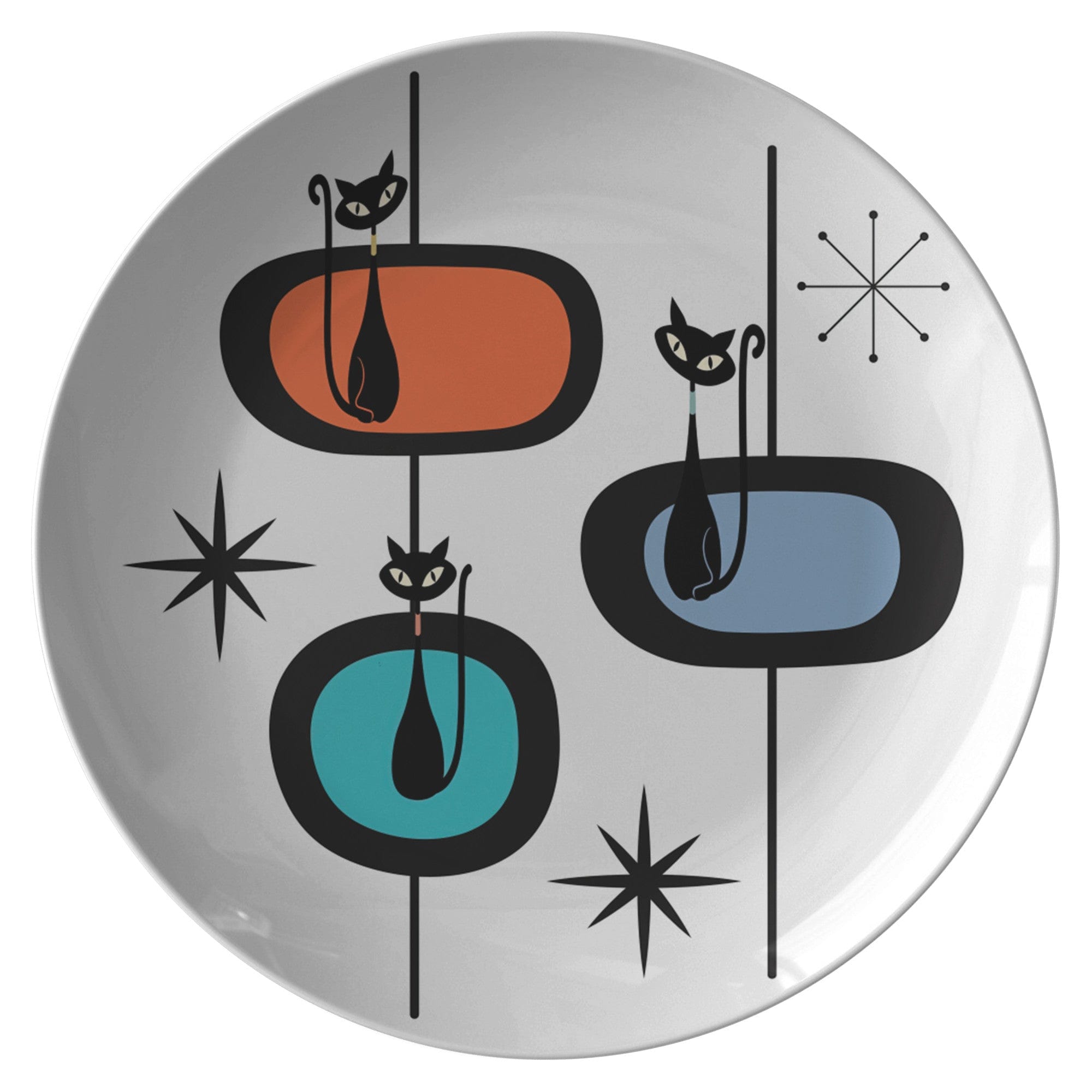 Kate McEnroe New York Mid Century Modern Atomic Cat Dinner Plate, Retro Vintage Starburst Round Dish, Chic 1950s Dining Essential, MCM Table SettingPlatesP22 - WAC - OVL - 5S