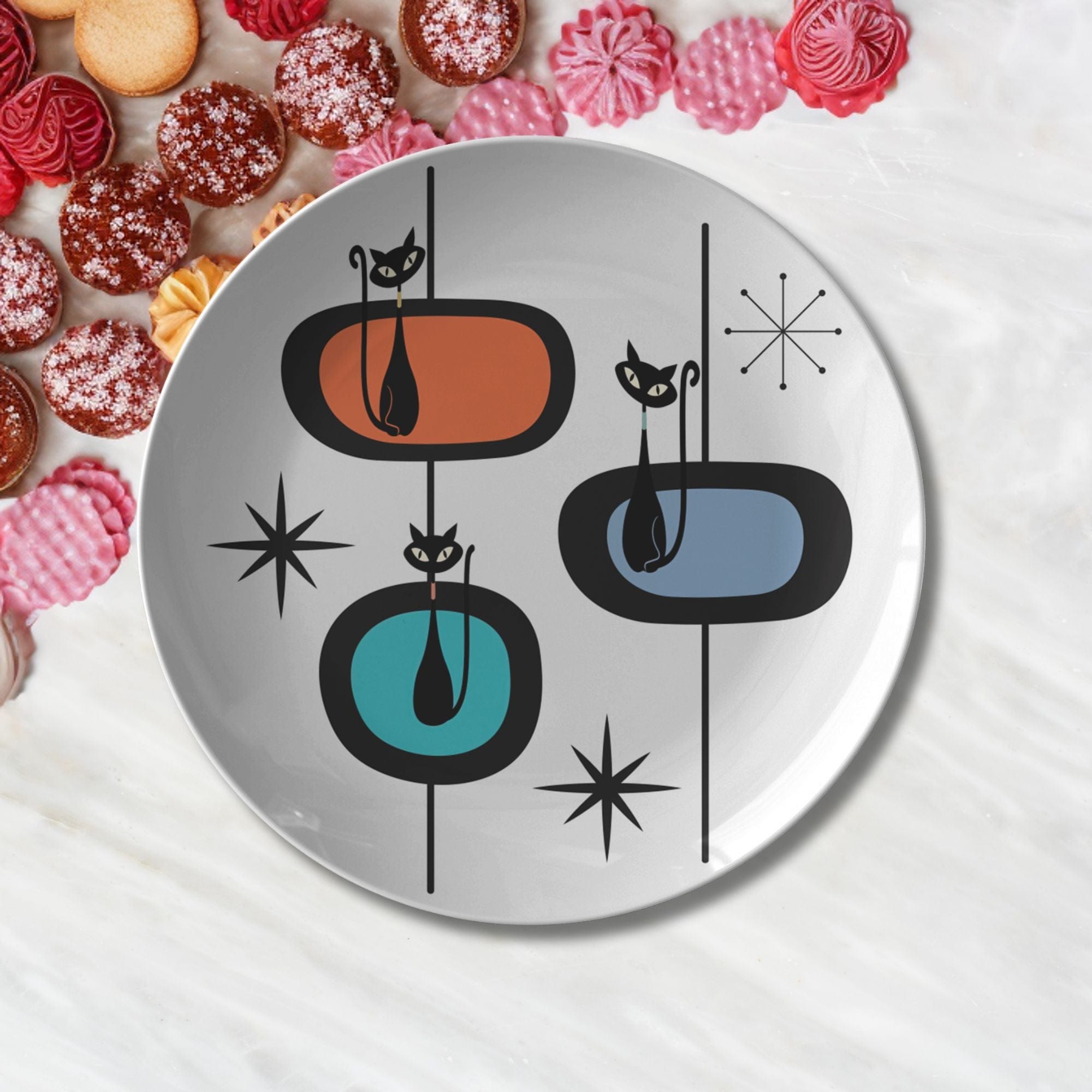 Kate McEnroe New York Mid Century Modern Atomic Cat Dinner Plate, Retro Vintage Starburst Round Dish, Chic 1950s Dining Essential, MCM Table SettingPlatesP22 - WAC - OVL - 5S