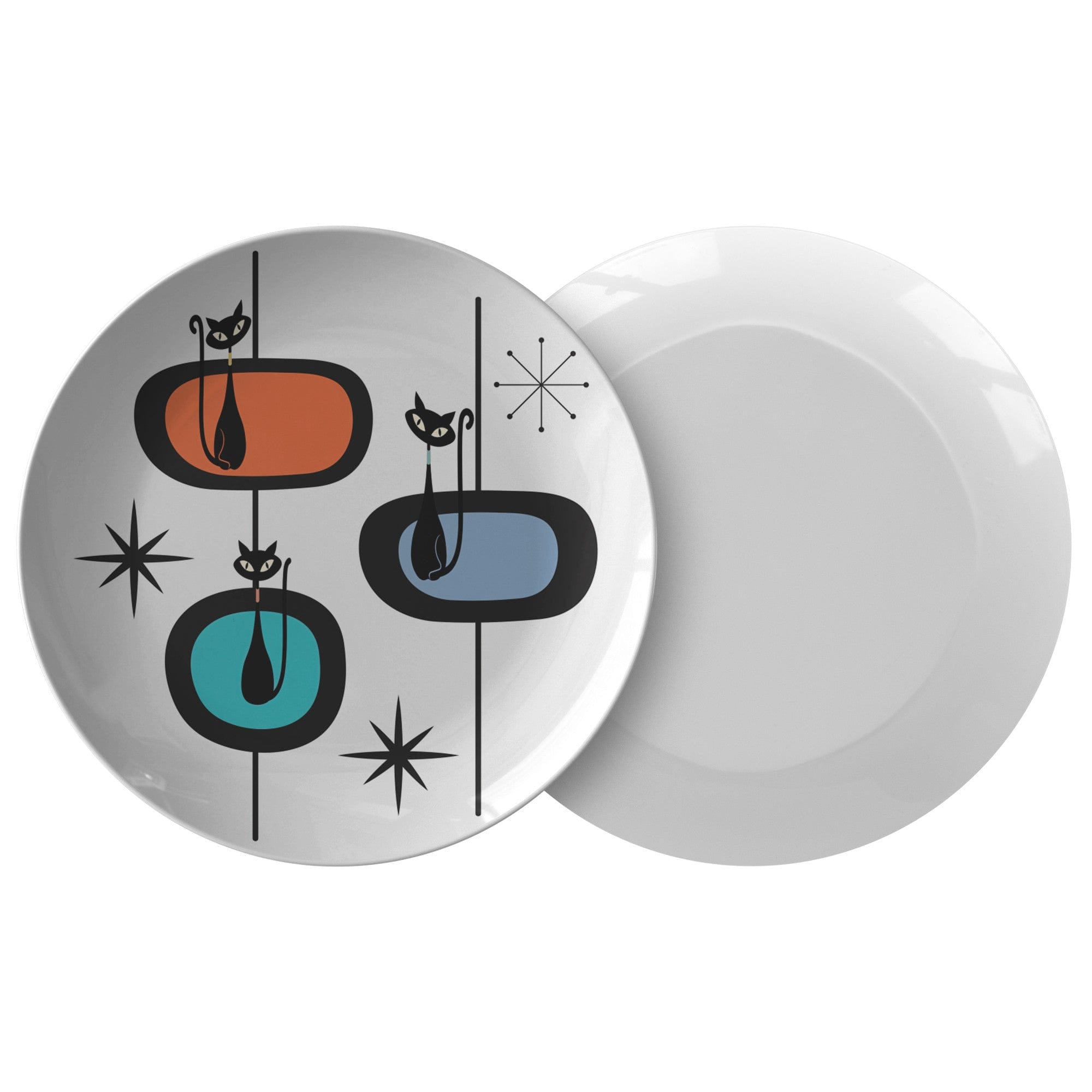 Kate McEnroe New York Mid Century Modern Atomic Cat Dinner Plate, Retro Vintage Starburst Round Dish, Chic 1950s Dining Essential, MCM Table SettingPlatesP22 - WAC - OVL - 5S
