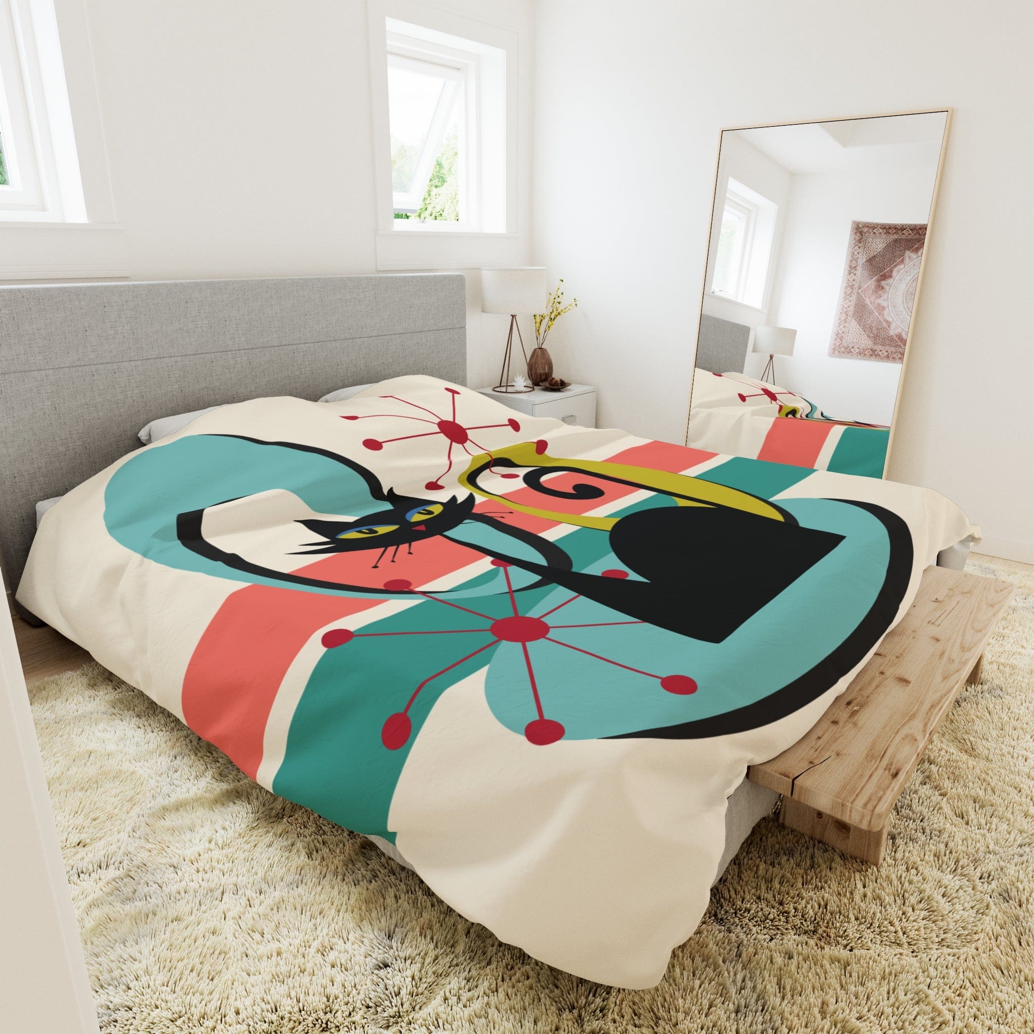 Kate McEnroe New York Mid Century Modern Atomic Cat Duvet Cover, Retro MCM Starburst Teal, Beige, Coral Bedding, Nostalgic 50s Bedroom DecorDuvet Covers10686760440049126807