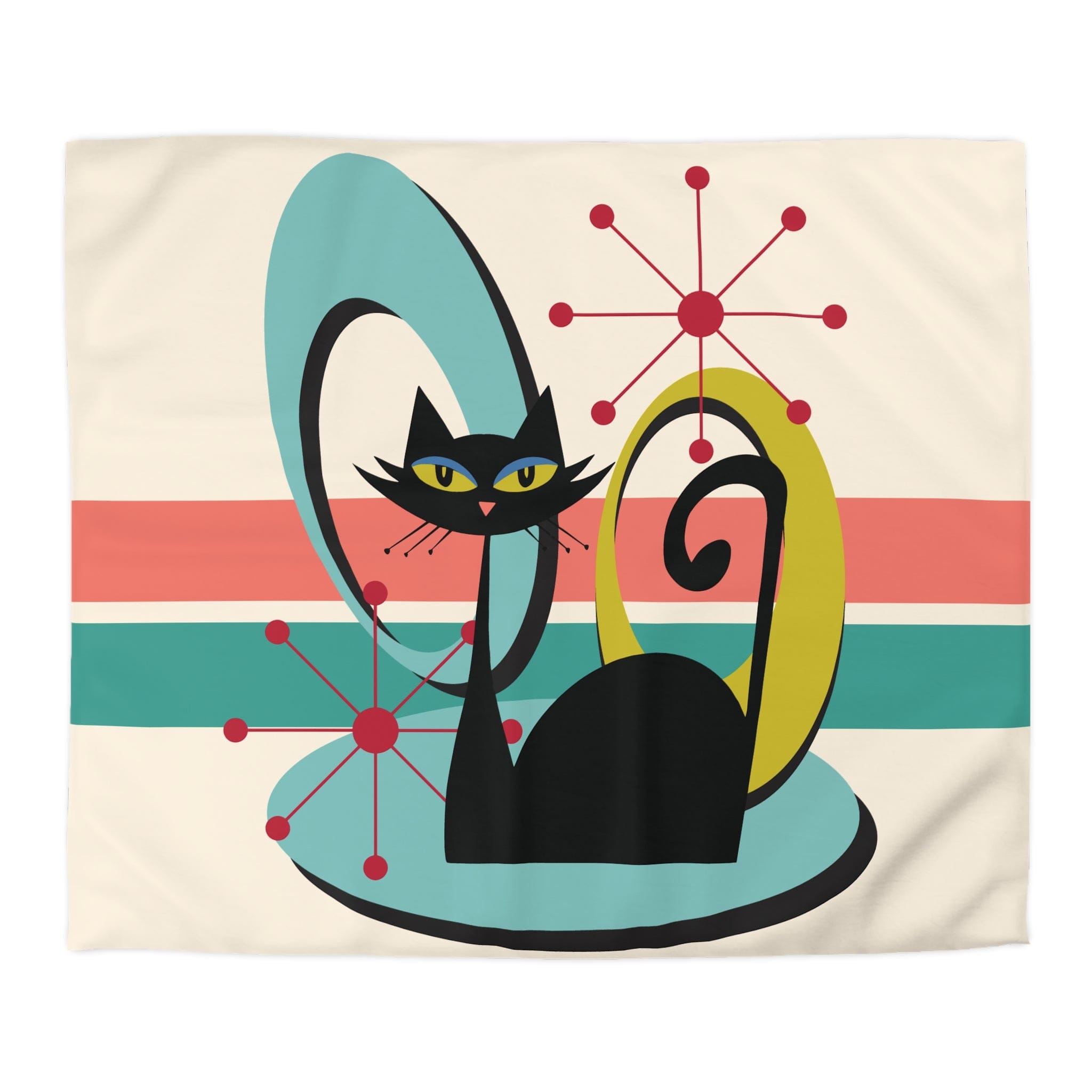 Kate McEnroe New York Mid Century Modern Atomic Cat Duvet Cover, Retro MCM Starburst Teal, Beige, Coral Bedding, Nostalgic 50s Bedroom DecorDuvet Covers16409643488397477852