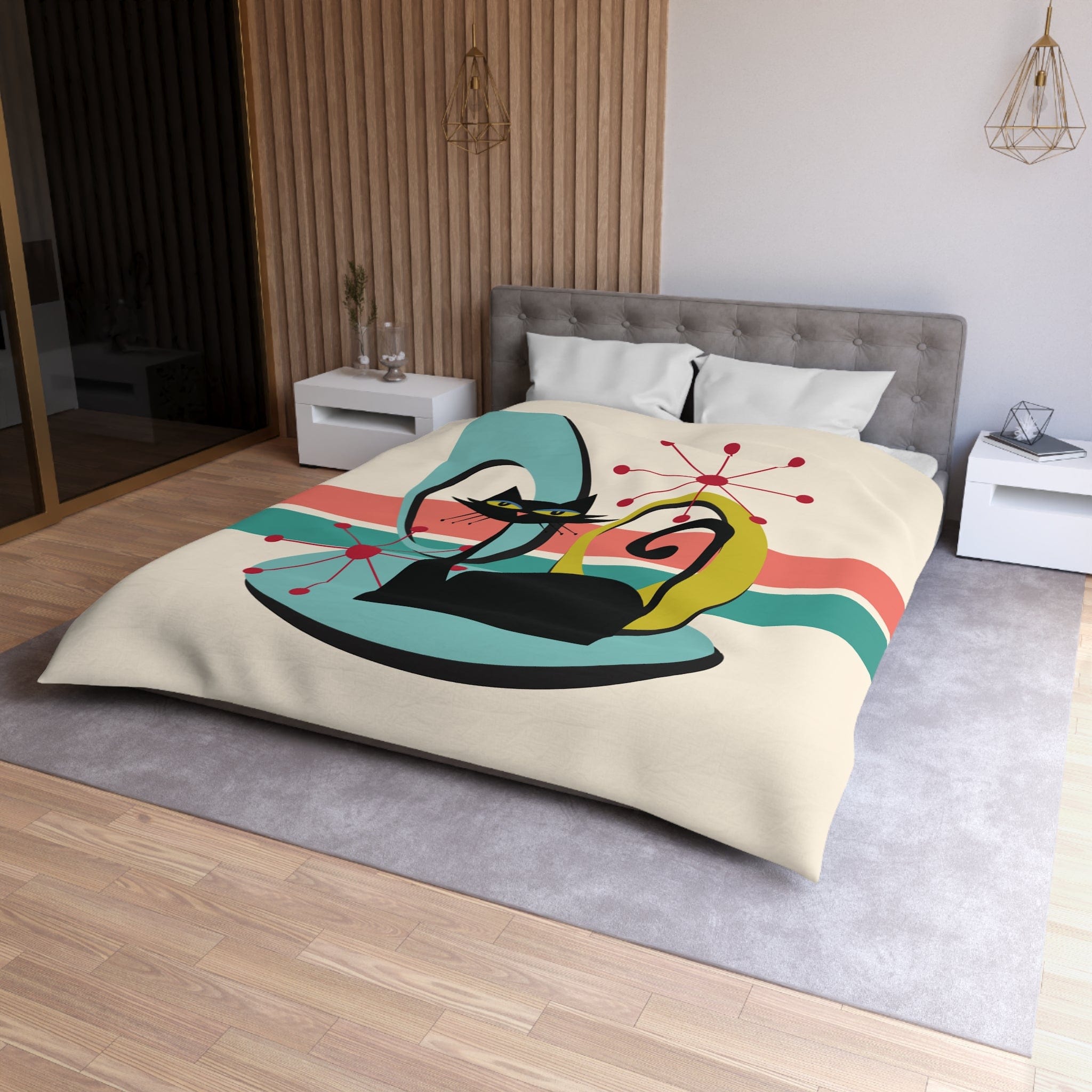 Kate McEnroe New York Mid Century Modern Atomic Cat Duvet Cover, Retro MCM Starburst Teal, Beige, Coral Bedding, Nostalgic 50s Bedroom DecorDuvet Covers16409643488397477852