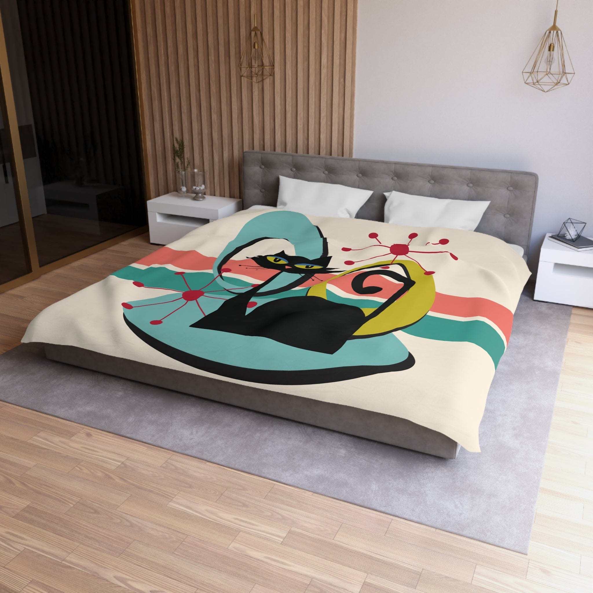 Kate McEnroe New York Mid Century Modern Atomic Cat Duvet Cover, Retro MCM Starburst Teal, Beige, Coral Bedding, Nostalgic 50s Bedroom DecorDuvet Covers18216025772277848043