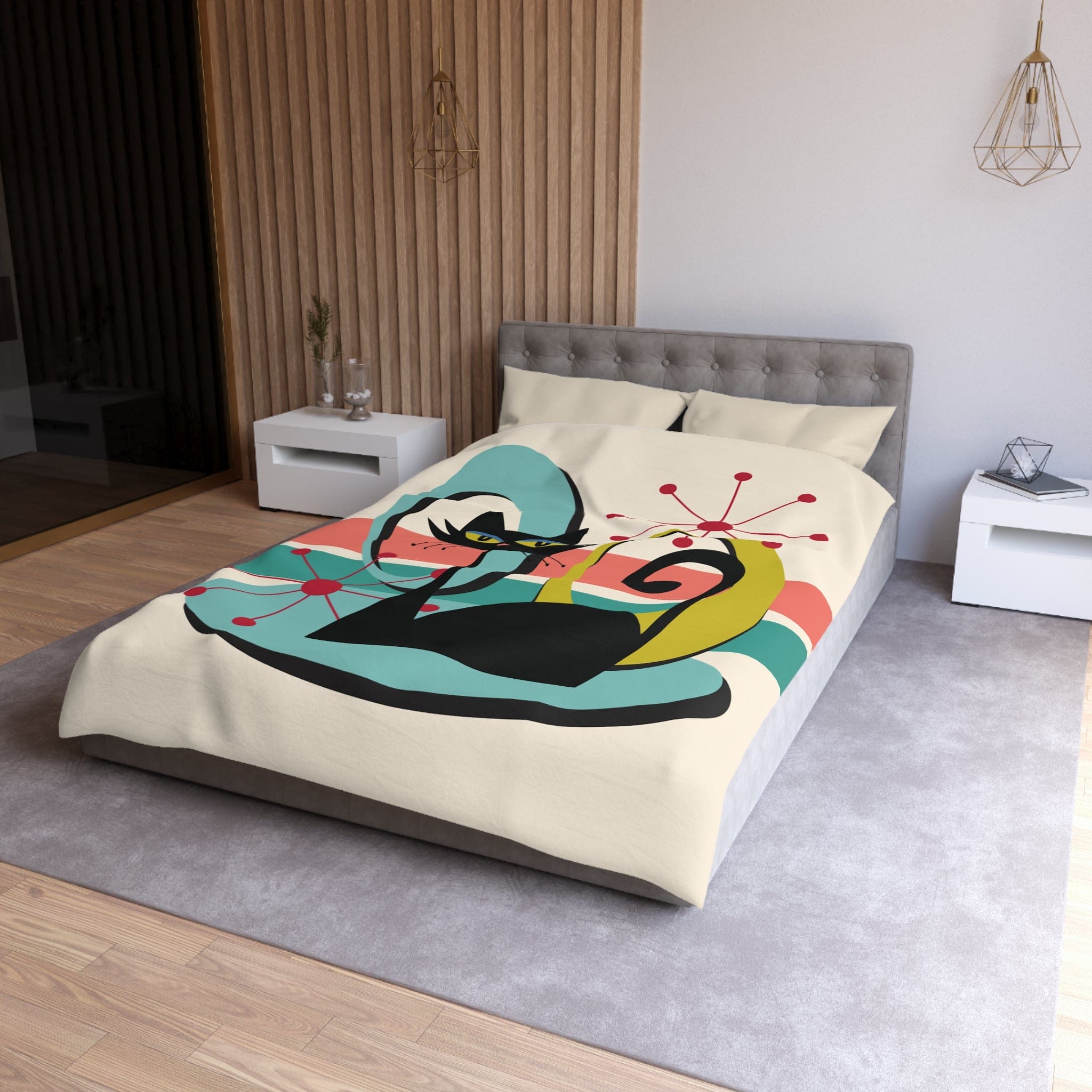 Kate McEnroe New York Mid Century Modern Atomic Cat Duvet Cover, Retro MCM Starburst Teal, Beige, Coral Bedding, Nostalgic 50s Bedroom DecorDuvet Covers25377092810474735390