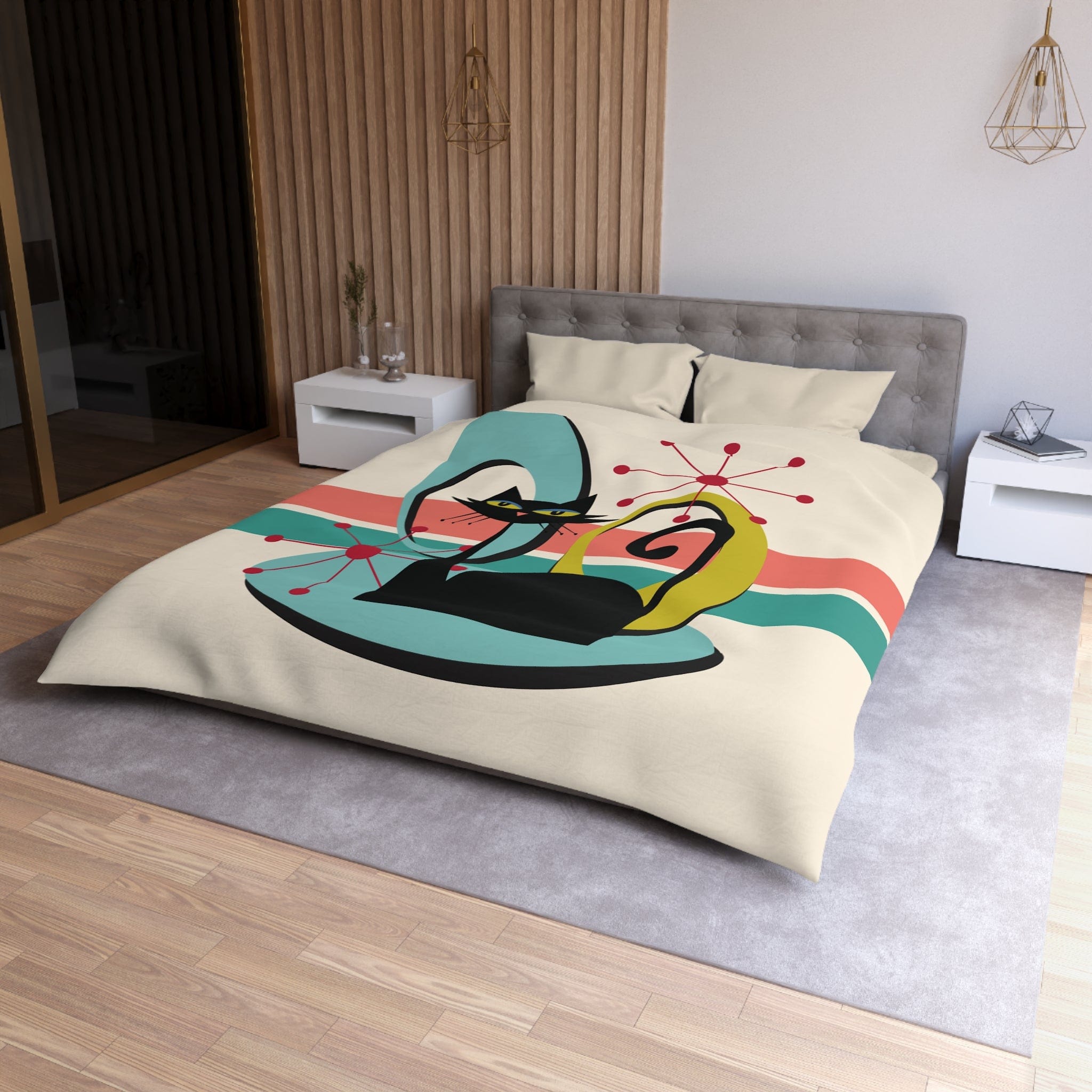Kate McEnroe New York Mid Century Modern Atomic Cat Duvet Cover, Retro MCM Starburst Teal, Beige, Coral Bedding, Nostalgic 50s Bedroom DecorDuvet Covers79185007417495880854