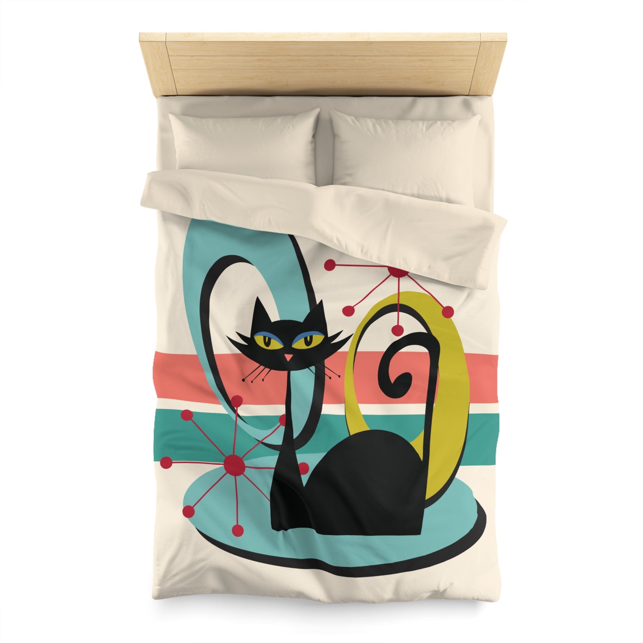 Kate McEnroe New York Mid Century Modern Atomic Cat Duvet Cover, Retro MCM Starburst Teal, Beige, Coral Bedding, Nostalgic 50s Bedroom DecorDuvet Covers94759032352978969630