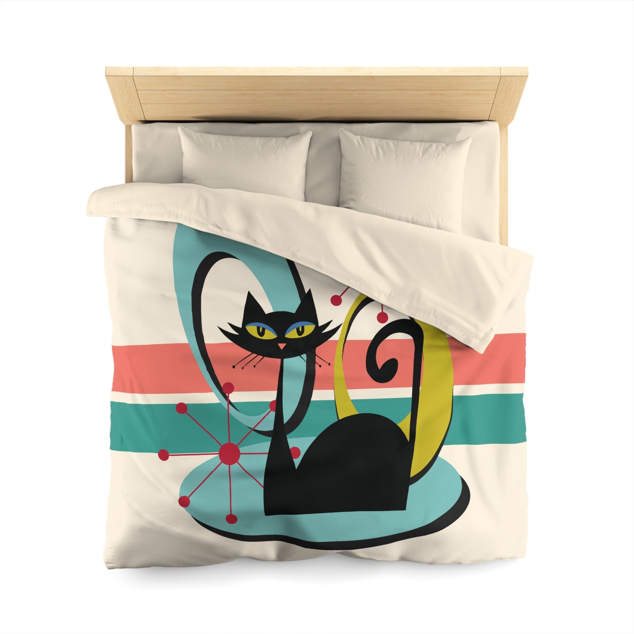 Kate McEnroe New York Mid Century Modern Atomic Cat Duvet Cover, Retro MCM Starburst Teal, Beige, Coral Bedding, Nostalgic 50s Bedroom DecorDuvet Covers94759032352978969630