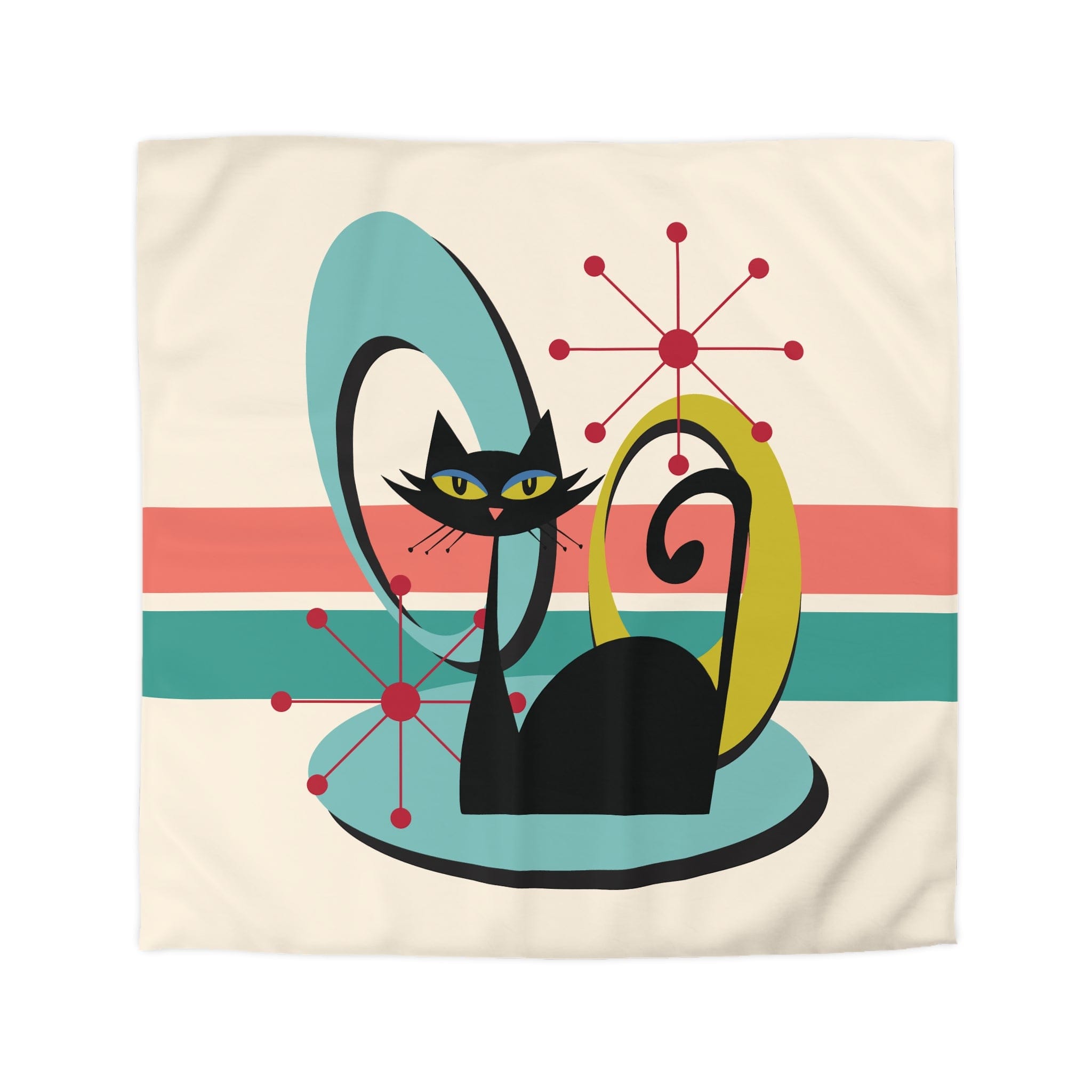 Kate McEnroe New York Mid Century Modern Atomic Cat Duvet Cover, Retro MCM Starburst Teal, Beige, Coral Bedding, Nostalgic 50s Bedroom DecorDuvet Covers94759032352978969630