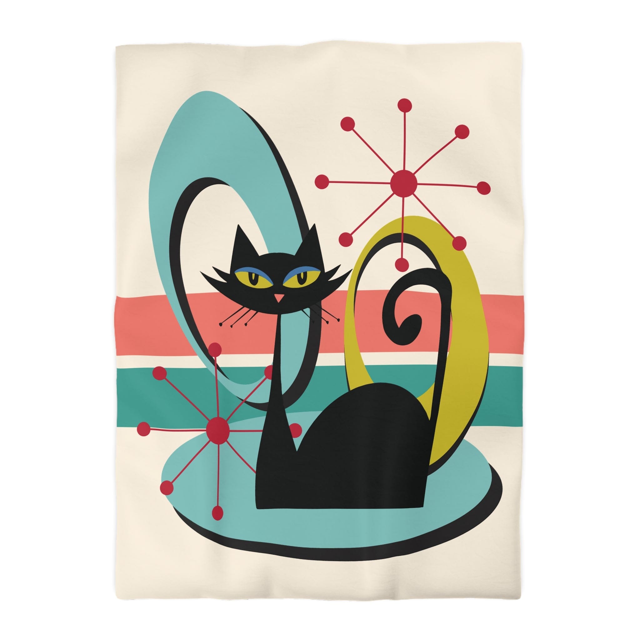 Kate McEnroe New York Mid Century Modern Atomic Cat Duvet Cover, Retro MCM Starburst Teal, Beige, Coral Bedding, Nostalgic 50s Bedroom DecorDuvet Covers94759032352978969630