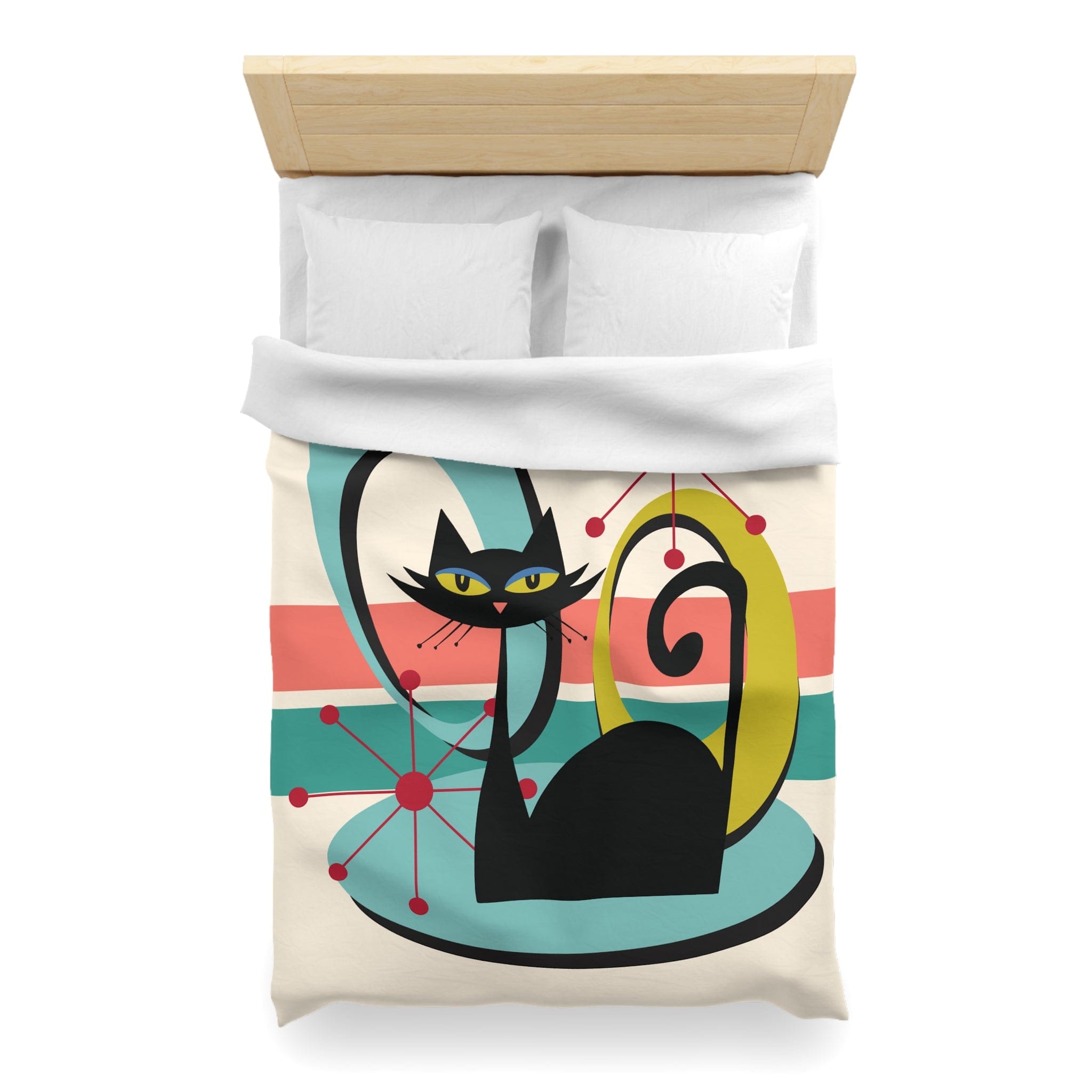 Kate McEnroe New York Mid Century Modern Atomic Cat Duvet Cover, Retro MCM Starburst Teal, Beige, Coral Bedding, Nostalgic 50s Bedroom DecorDuvet Covers94759032352978969630