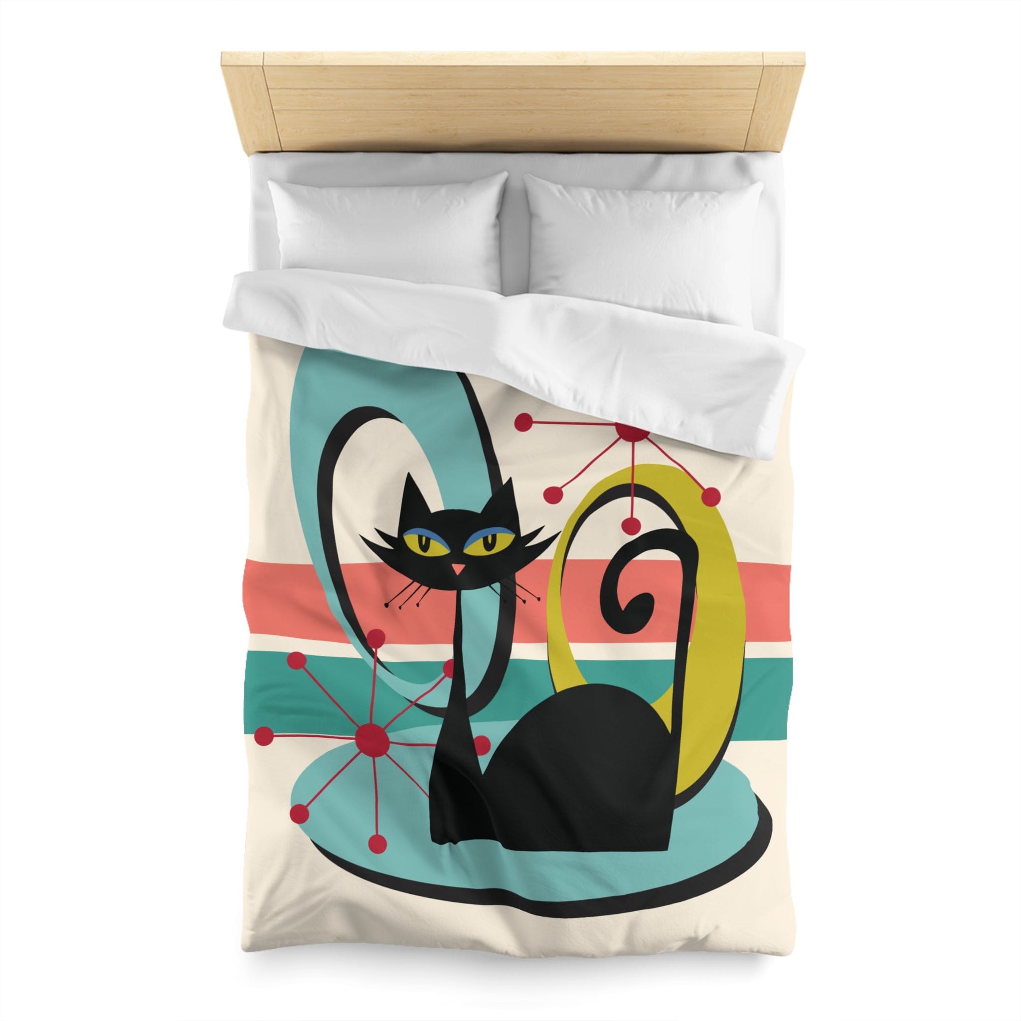 Kate McEnroe New York Mid Century Modern Atomic Cat Duvet Cover, Retro MCM Starburst Teal, Beige, Coral Bedding, Nostalgic 50s Bedroom DecorDuvet Covers94759032352978969630