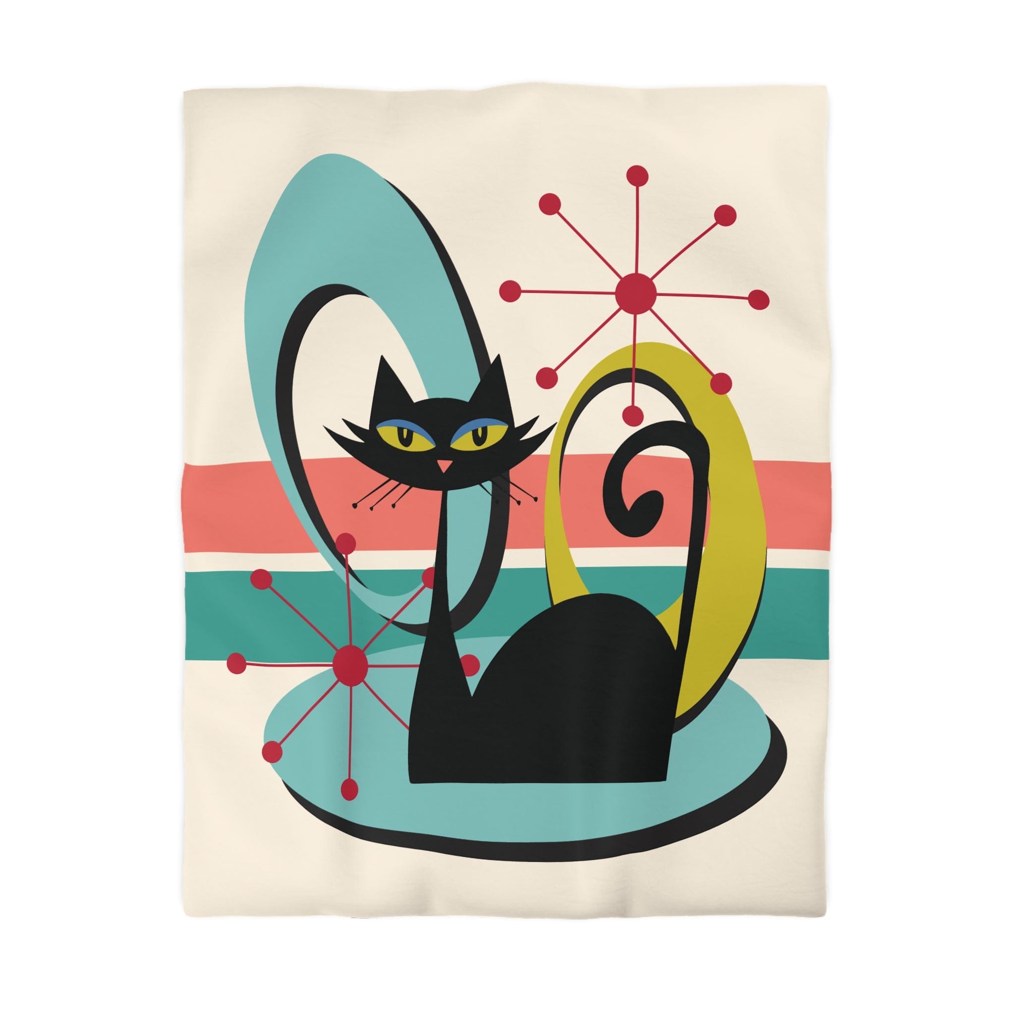 Kate McEnroe New York Mid Century Modern Atomic Cat Duvet Cover, Retro MCM Starburst Teal, Beige, Coral Bedding, Nostalgic 50s Bedroom DecorDuvet Covers94759032352978969630