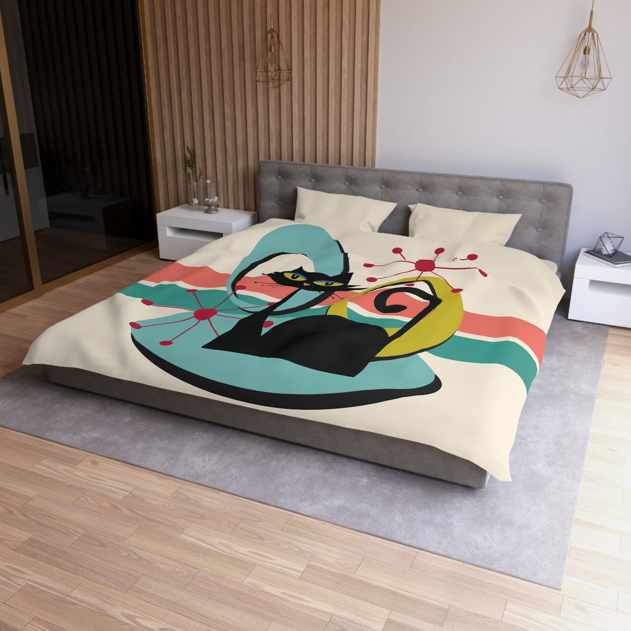 Kate McEnroe New York Mid Century Modern Atomic Cat Duvet Cover, Retro MCM Starburst Teal, Beige, Coral Bedding, Nostalgic 50s Bedroom DecorDuvet Covers94759032352978969630