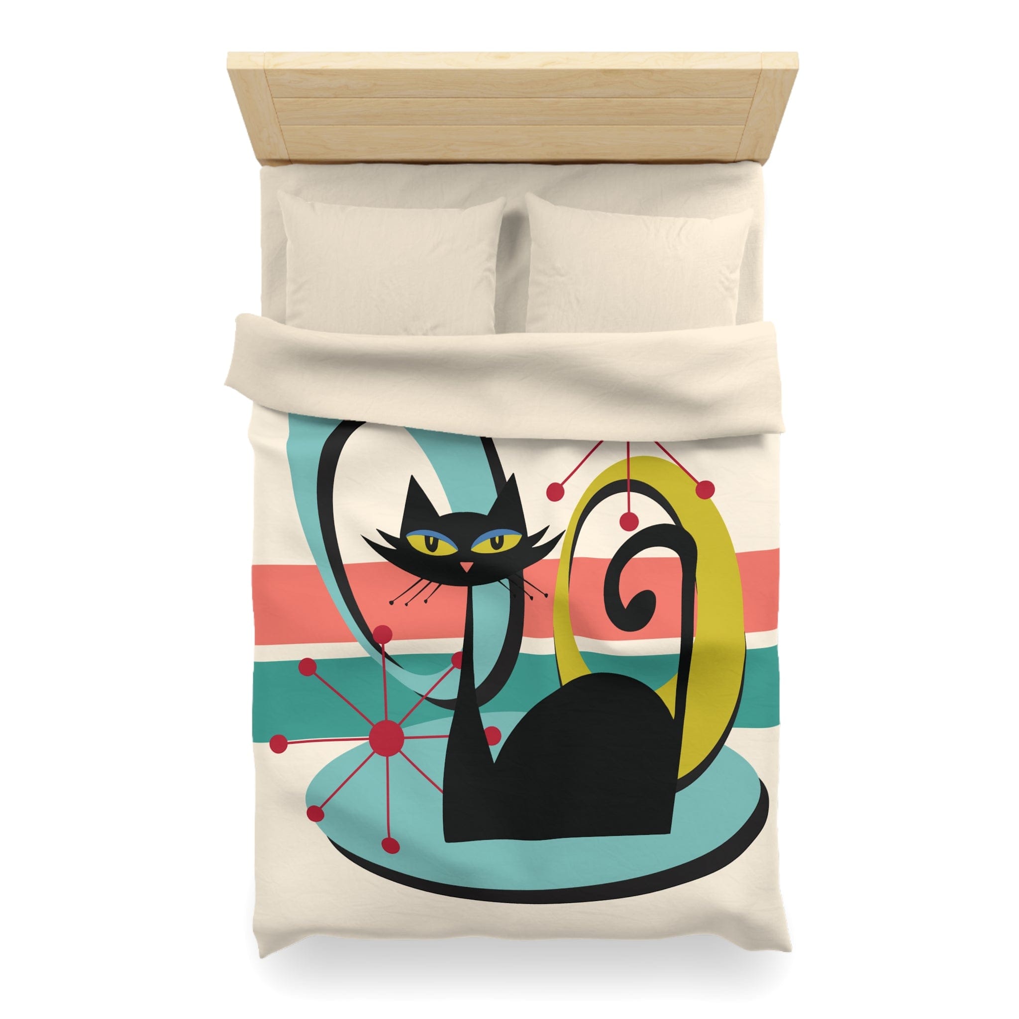 Kate McEnroe New York Mid Century Modern Atomic Cat Duvet Cover, Retro MCM Starburst Teal, Beige, Coral Bedding, Nostalgic 50s Bedroom DecorDuvet Covers94759032352978969630