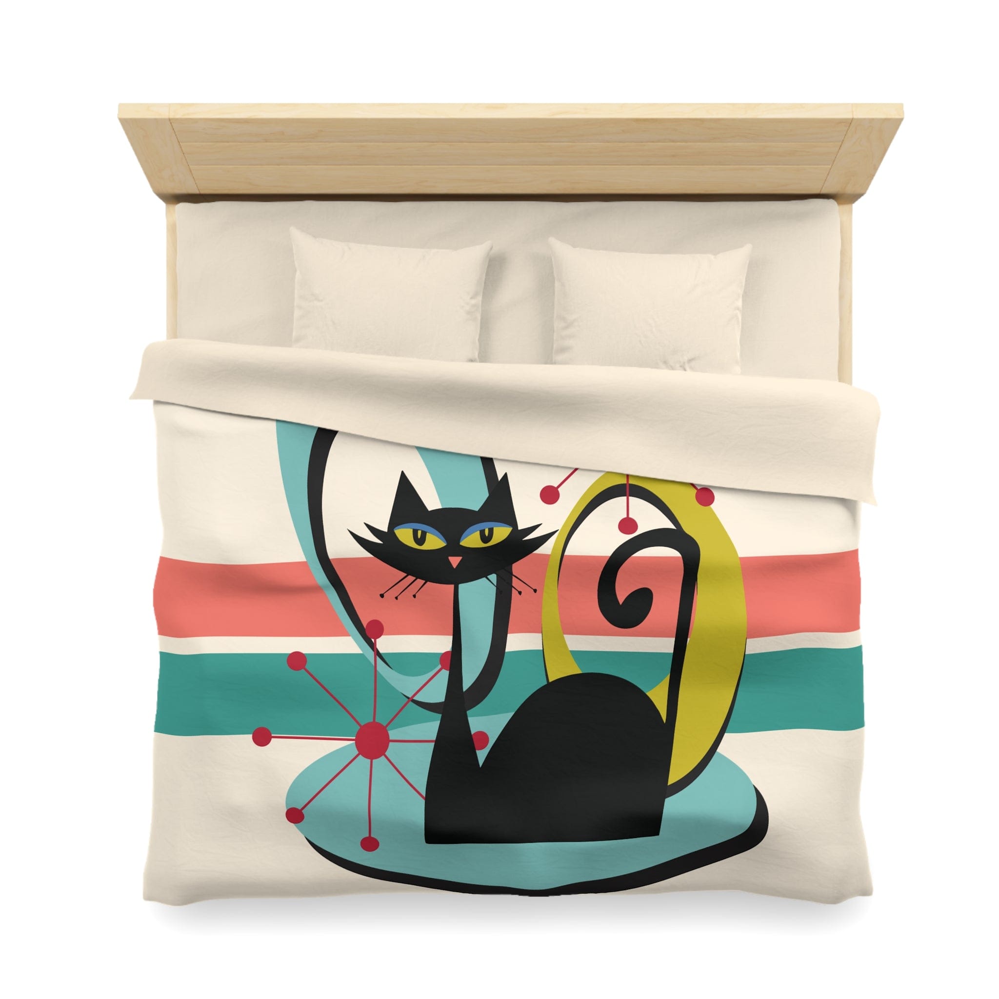 Kate McEnroe New York Mid Century Modern Atomic Cat Duvet Cover, Retro MCM Starburst Teal, Beige, Coral Bedding, Nostalgic 50s Bedroom DecorDuvet Covers94759032352978969630