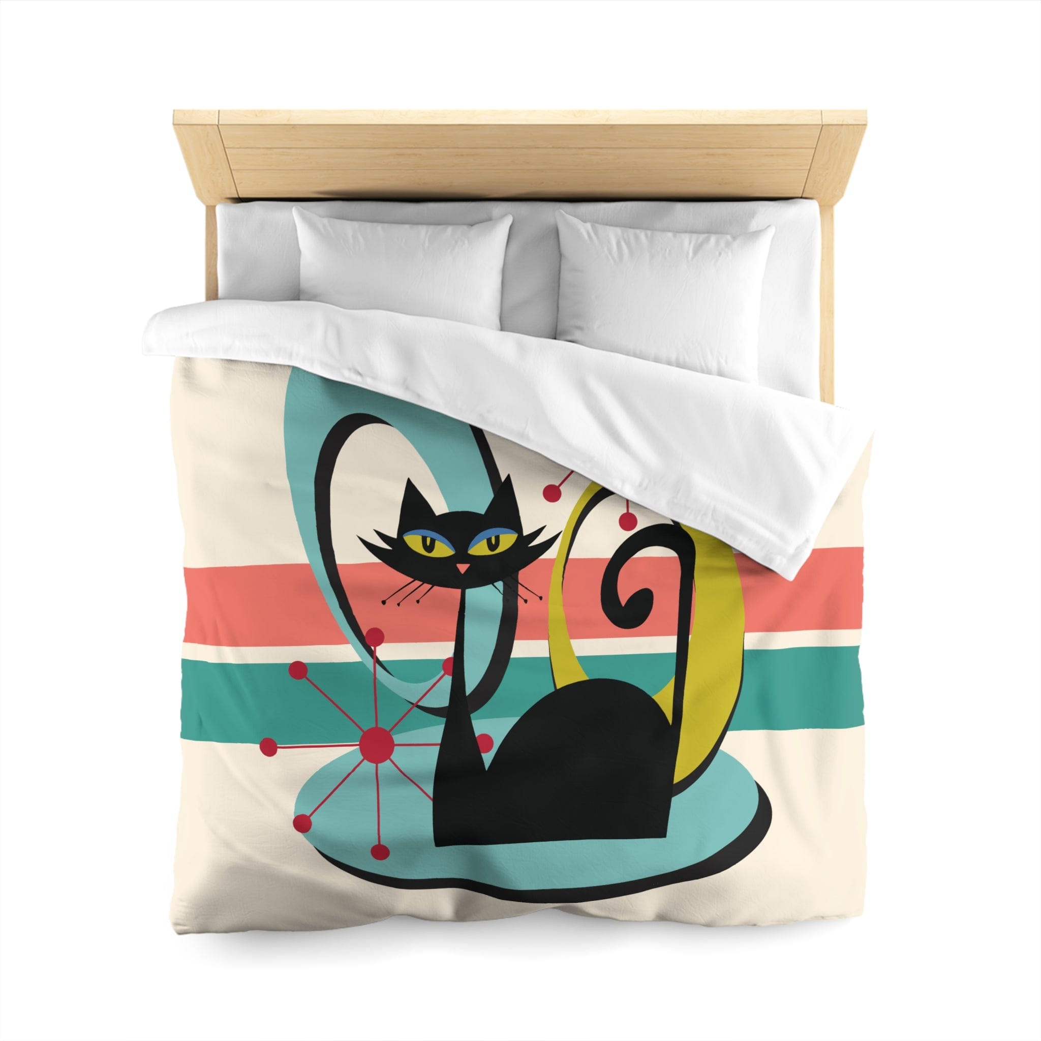 Kate McEnroe New York Mid Century Modern Atomic Cat Duvet Cover, Retro MCM Starburst Teal, Beige, Coral Bedding, Nostalgic 50s Bedroom DecorDuvet Covers94759032352978969630