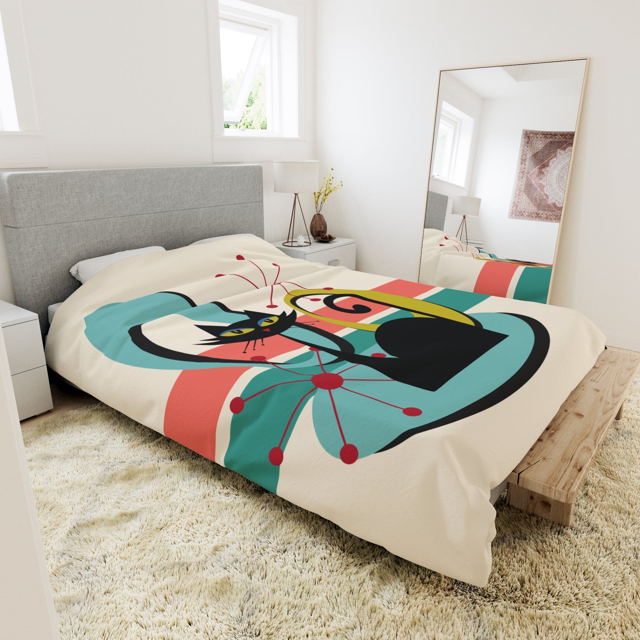 Kate McEnroe New York Mid Century Modern Atomic Cat Duvet Cover, Retro MCM Starburst Teal, Beige, Coral Bedding, Nostalgic 50s Bedroom DecorDuvet Covers94759032352978969630
