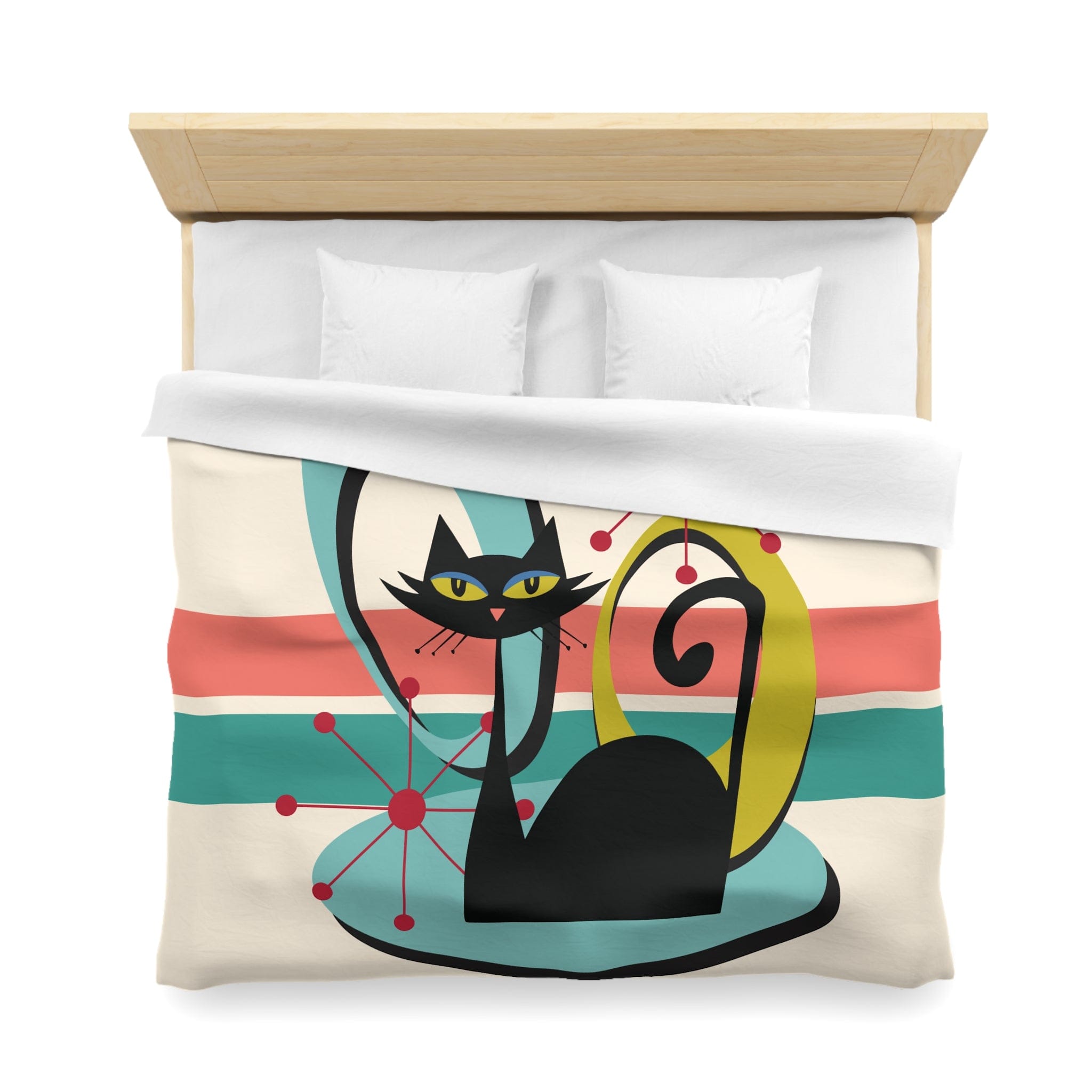 Kate McEnroe New York Mid Century Modern Atomic Cat Duvet Cover, Retro MCM Starburst Teal, Beige, Coral Bedding, Nostalgic 50s Bedroom DecorDuvet Covers94759032352978969630