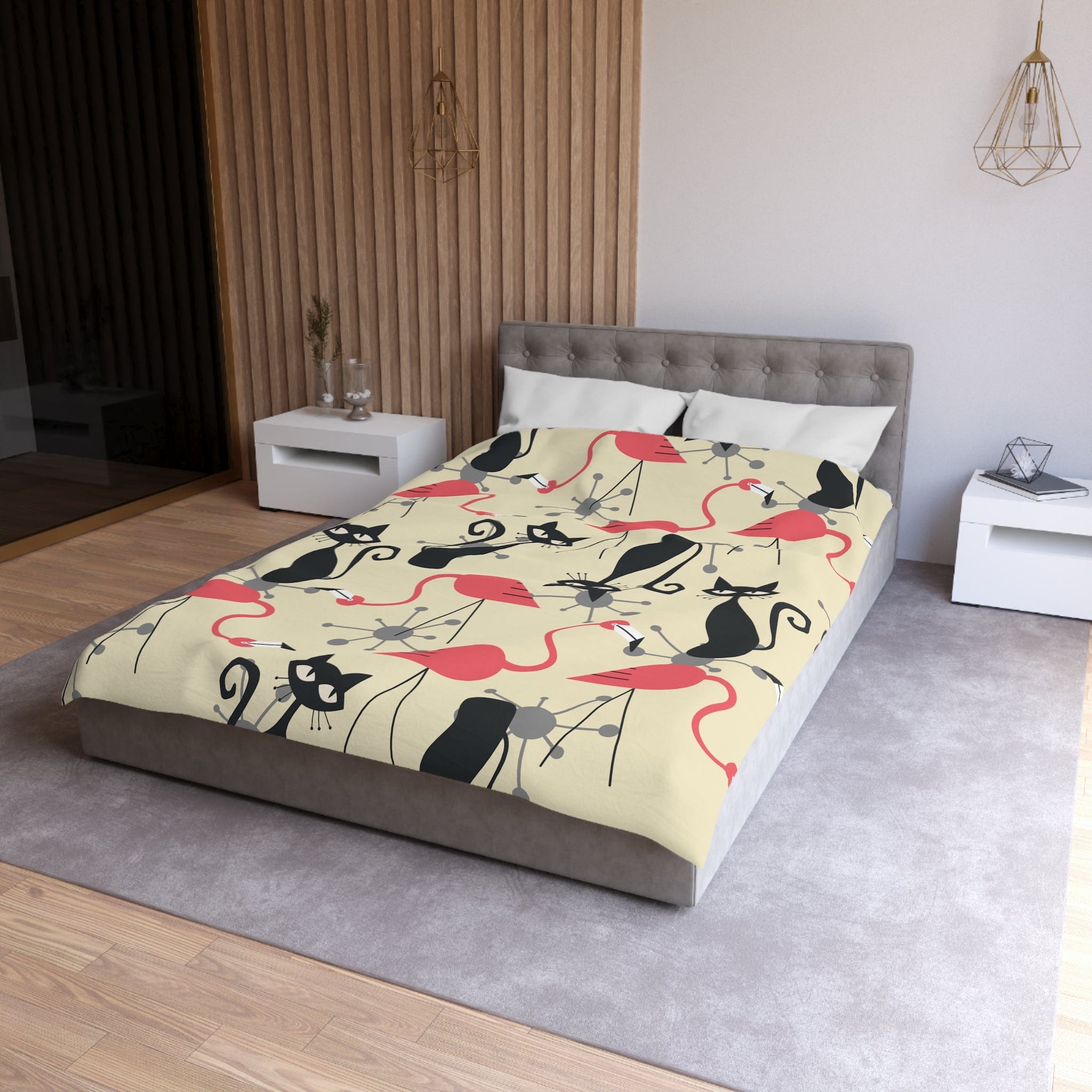 Kate McEnroe New York Mid Century Modern Atomic Cat, Flamingo Duvet Set, Retro Whimsy MCM Starburst Bedroom DecorDuvet Covers10946448574513180008