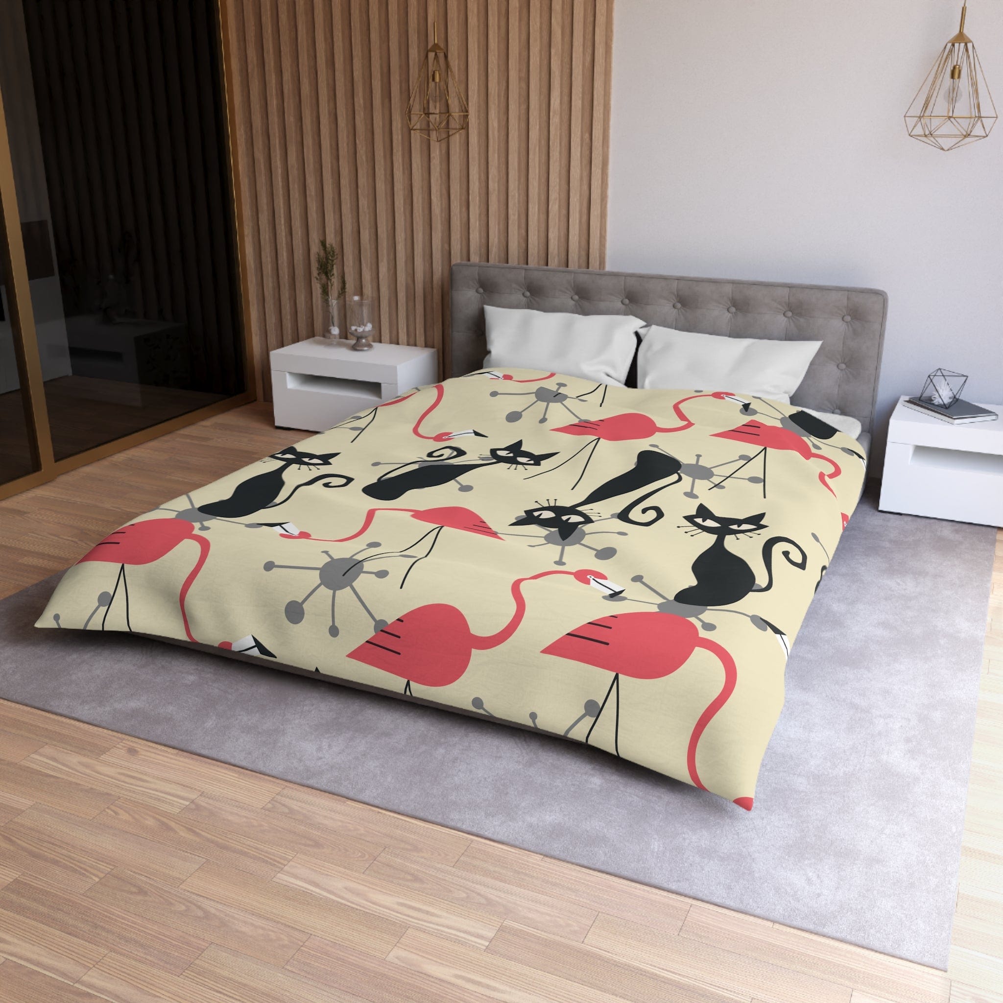 Kate McEnroe New York Mid Century Modern Atomic Cat, Flamingo Duvet Set, Retro Whimsy MCM Starburst Bedroom DecorDuvet Covers13324646214669416848