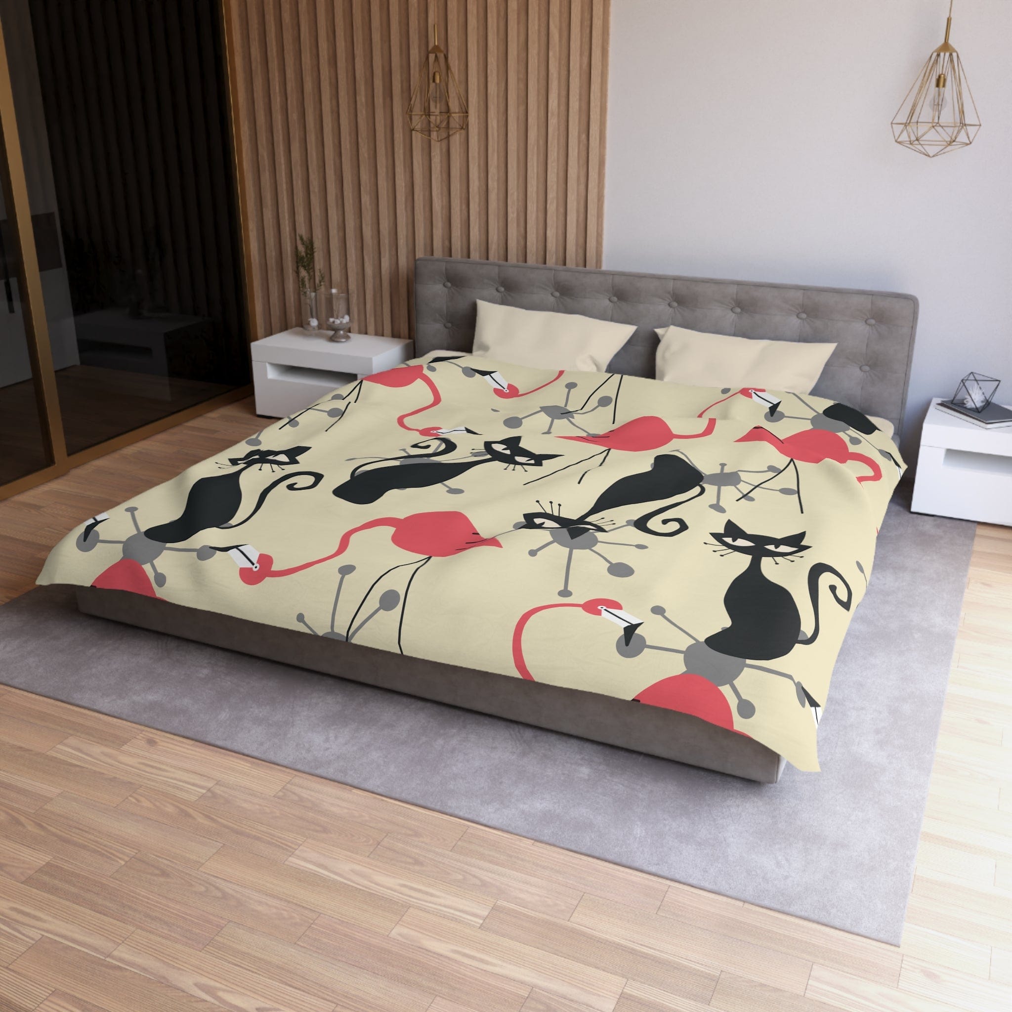 Kate McEnroe New York Mid Century Modern Atomic Cat, Flamingo Duvet Set, Retro Whimsy MCM Starburst Bedroom DecorDuvet Covers80113426199002720043