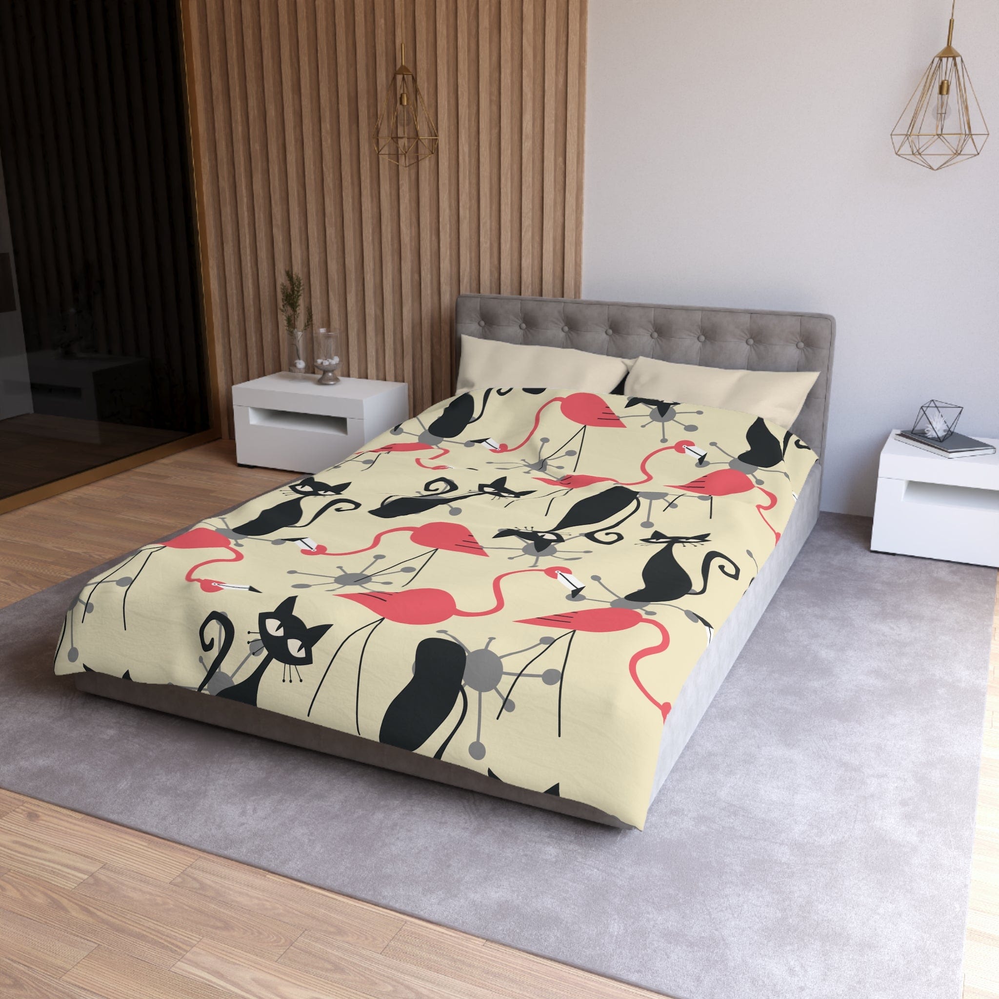 Kate McEnroe New York Mid Century Modern Atomic Cat, Flamingo Duvet Set, Retro Whimsy MCM Starburst Bedroom DecorDuvet Covers84977380857180241893