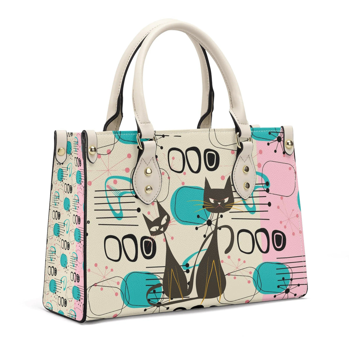 Kate McEnroe New York Mid Century Modern Atomic Cat Handbag, Retro Pink, Turquoise, and Black Leather BagHandbagsW8VGEO8W - 1