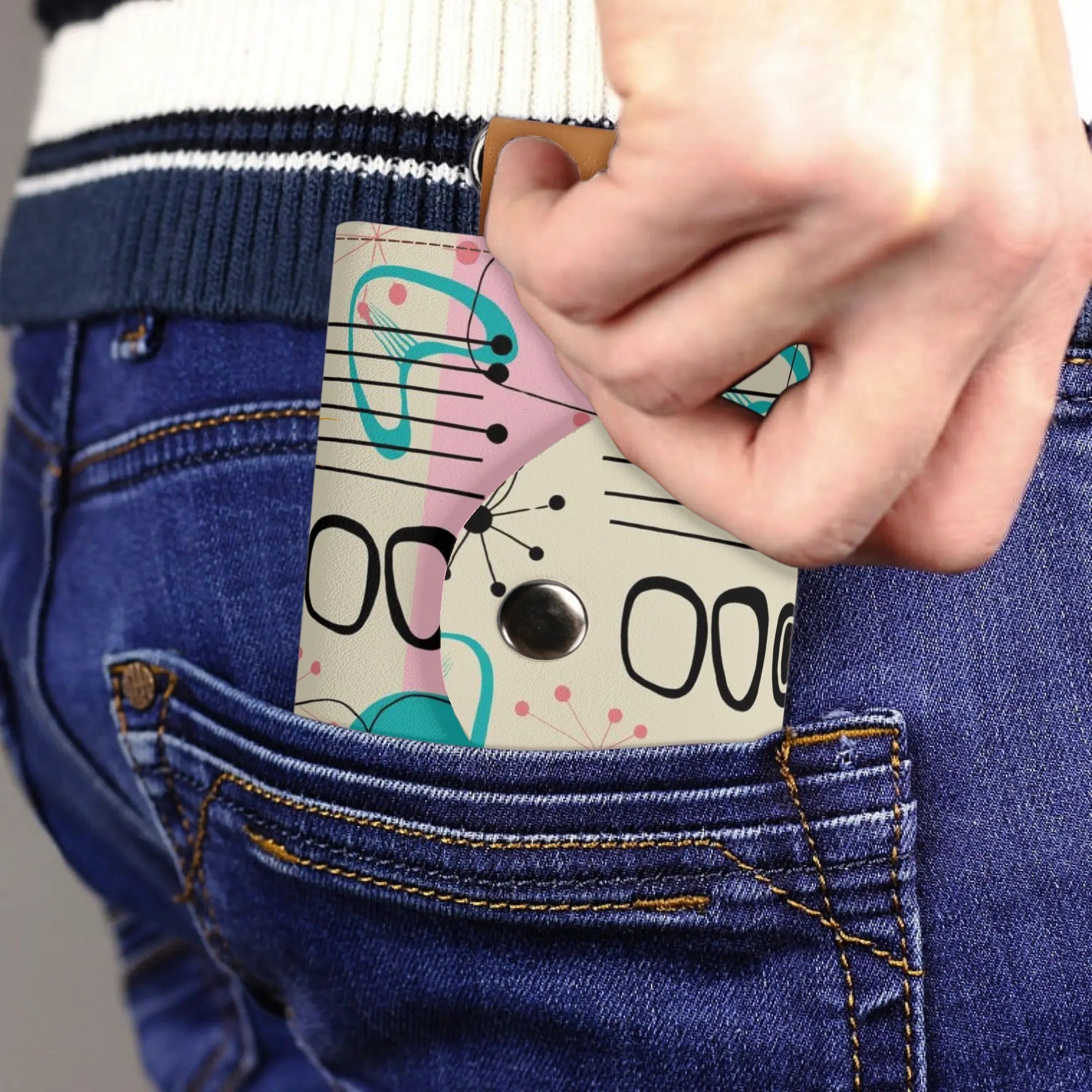 Kate McEnroe New York Mid Century Modern Atomic Cat Keychain Purse, Retro Pink, Turquoise, and Black Keychain WalletKeyChain WalletWDE6P4ZY - 1