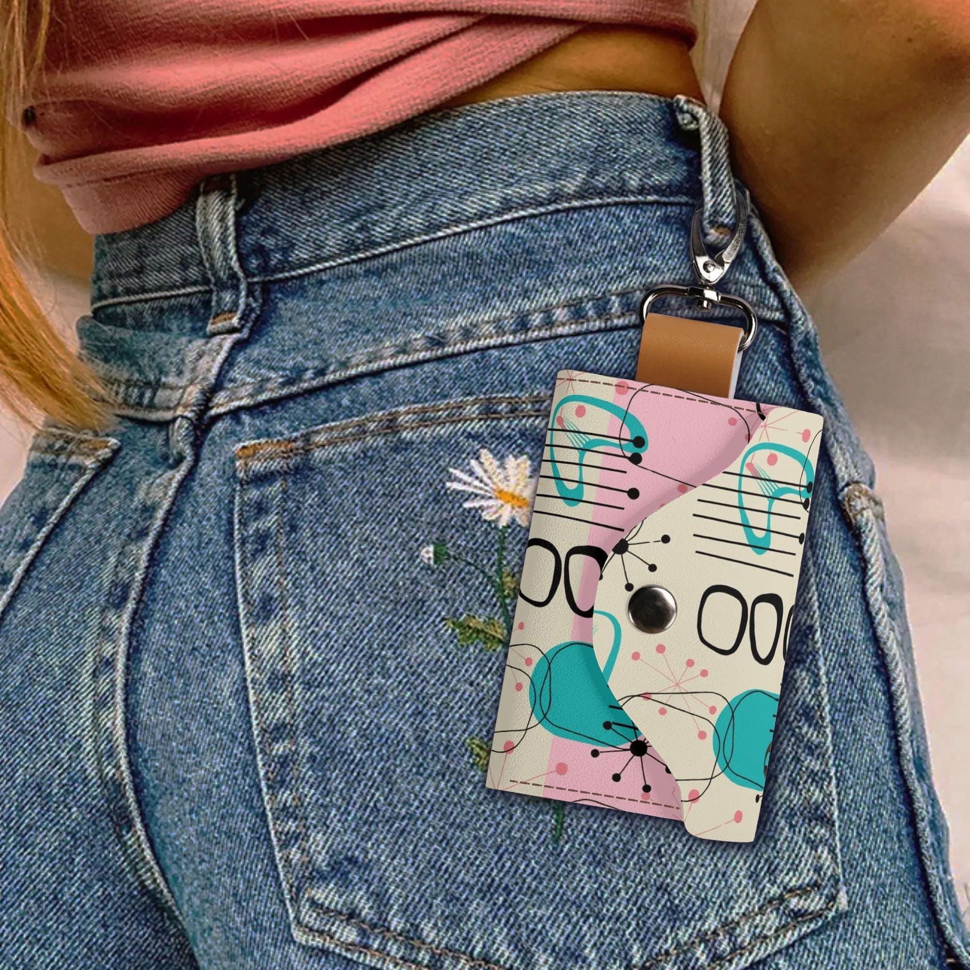 Kate McEnroe New York Mid Century Modern Atomic Cat Keychain Purse, Retro Pink, Turquoise, and Black Keychain WalletKeyChain WalletWDE6P4ZY - 1