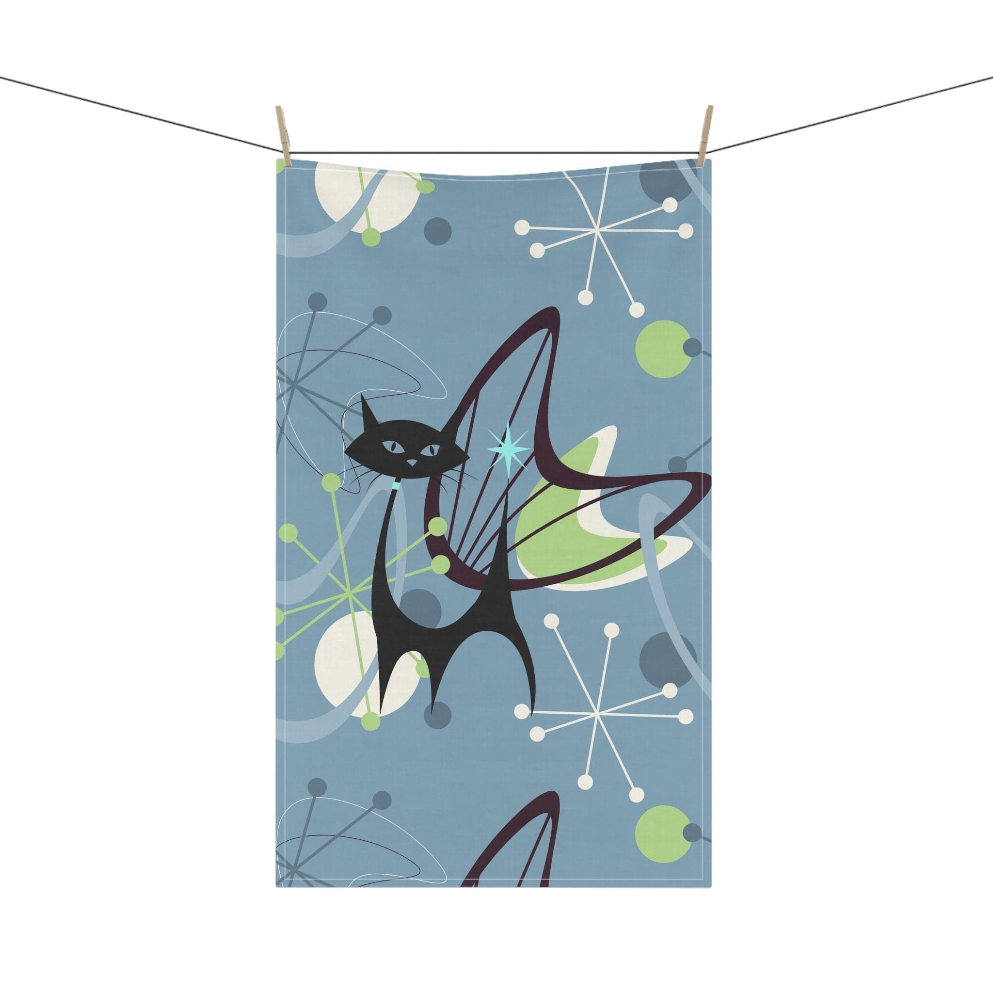 Kate McEnroe New York Mid Century Modern Atomic Cat Kitchen Towel, Retro Atomic Boomerang Starburst Tea Towel, MCM Linens, Cat Lover&