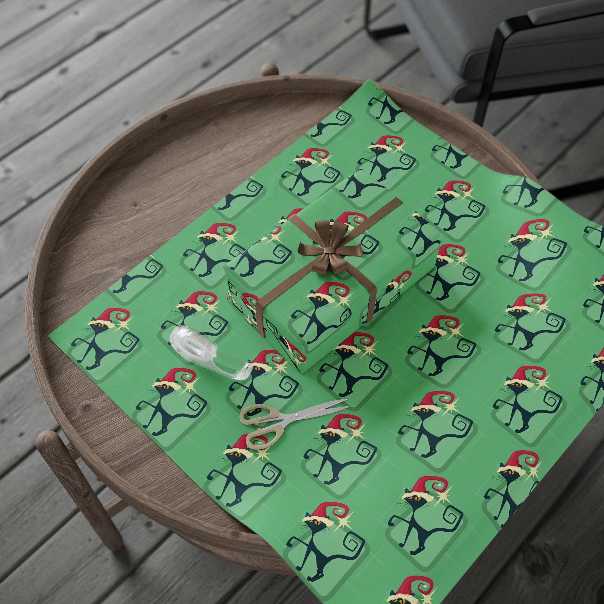 Kate McEnroe New York Mid Century Modern Atomic Cat Retro Christmas Wrapping Paper, MCM Green Kitschy Black Cats Holiday Gift WrapWrapping Paper14122498932882500231