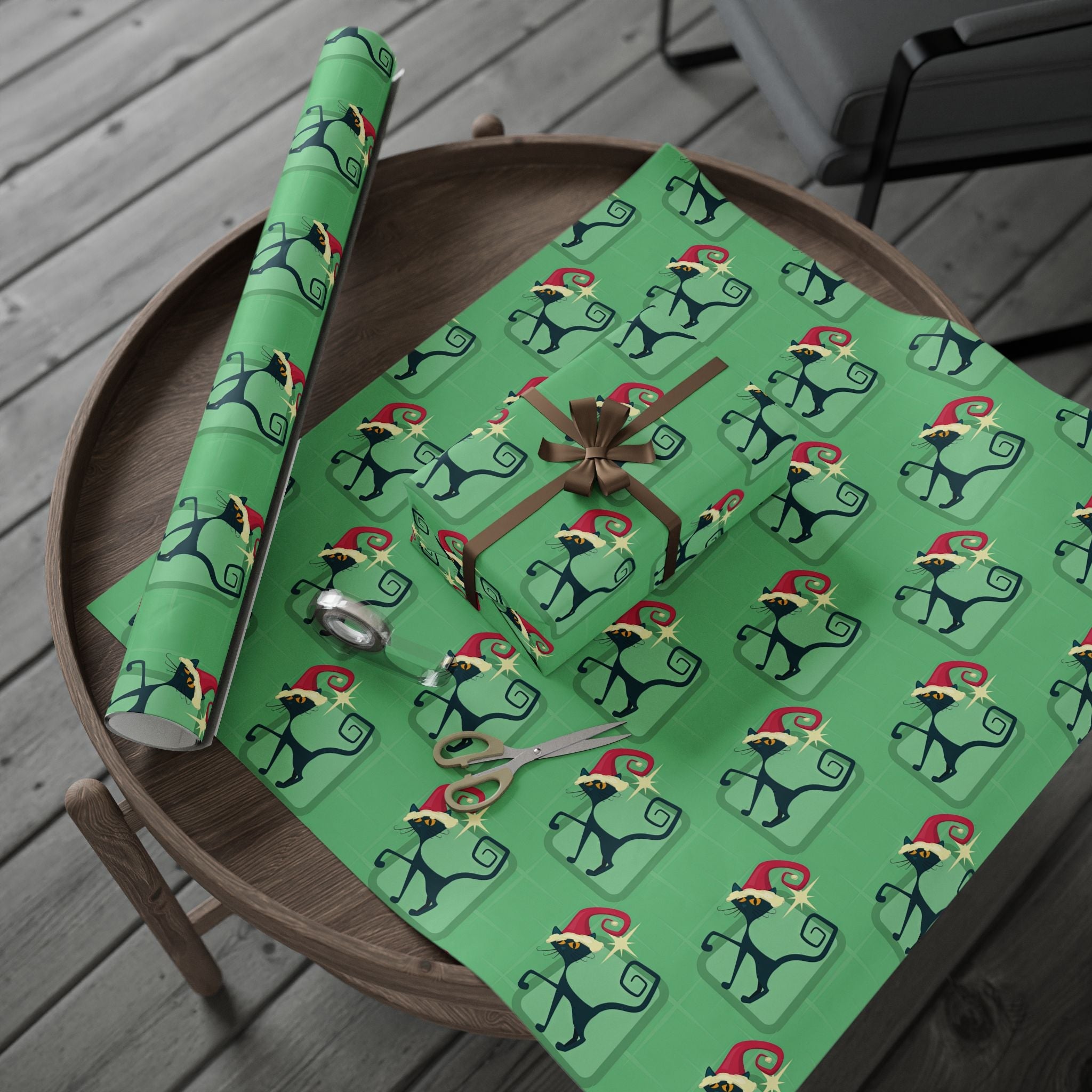Kate McEnroe New York Mid Century Modern Atomic Cat Retro Christmas Wrapping Paper, MCM Green Kitschy Black Cats Holiday Gift WrapWrapping Paper41035100250921654502