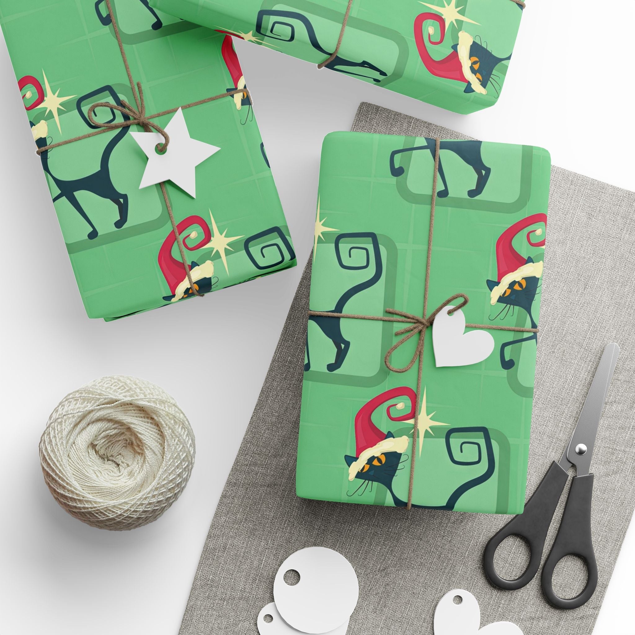Kate McEnroe New York Mid Century Modern Atomic Cat Retro Christmas Wrapping Paper, MCM Green Kitschy Black Cats Holiday Gift WrapWrapping Paper41035100250921654502