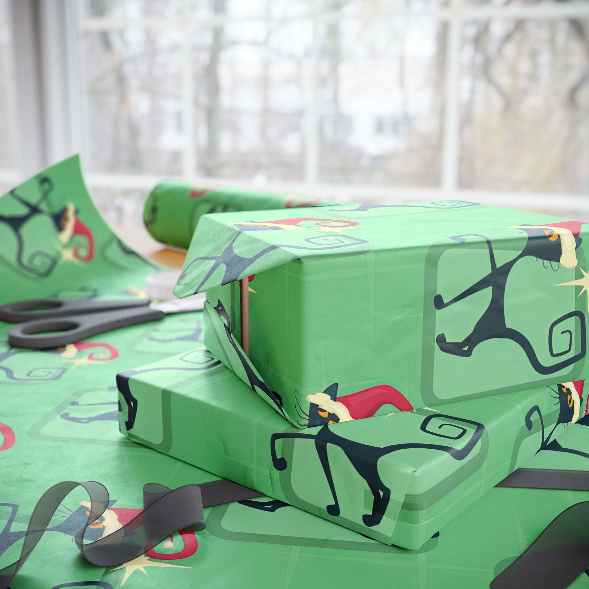 Kate McEnroe New York Mid Century Modern Atomic Cat Retro Christmas Wrapping Paper, MCM Green Kitschy Black Cats Holiday Gift WrapWrapping Paper41035100250921654502