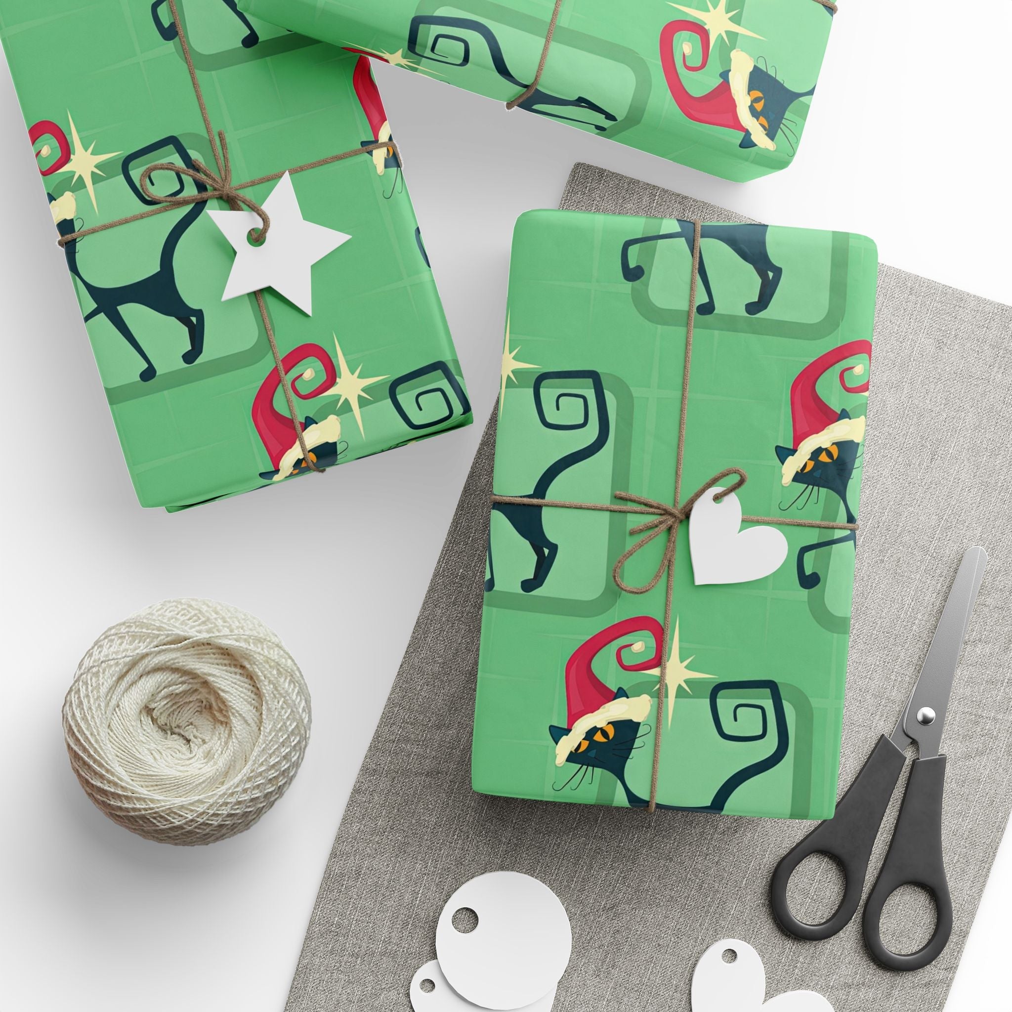 Kate McEnroe New York Mid Century Modern Atomic Cat Retro Christmas Wrapping Paper, MCM Green Kitschy Black Cats Holiday Gift WrapWrapping Paper41035100250921654502