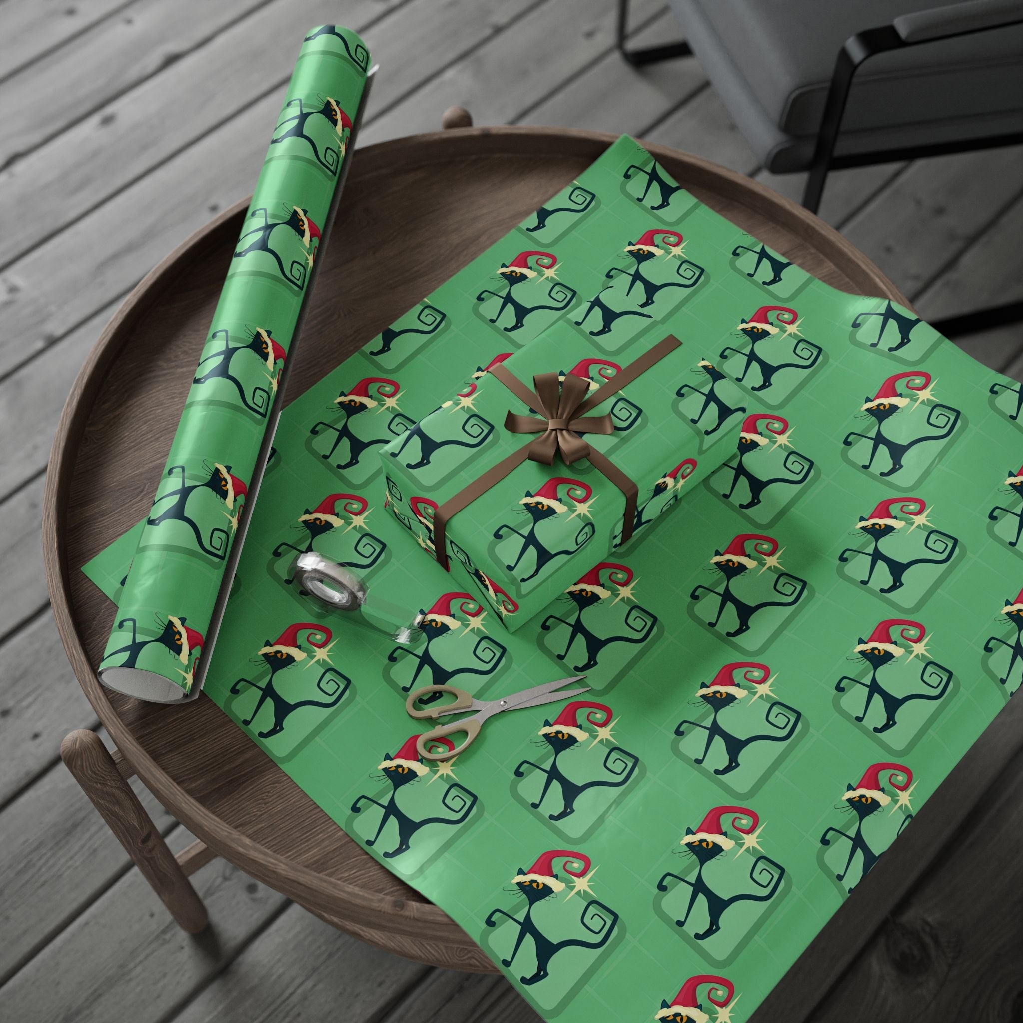 Kate McEnroe New York Mid Century Modern Atomic Cat Retro Christmas Wrapping Paper, MCM Green Kitschy Black Cats Holiday Gift WrapWrapping Paper41035100250921654502