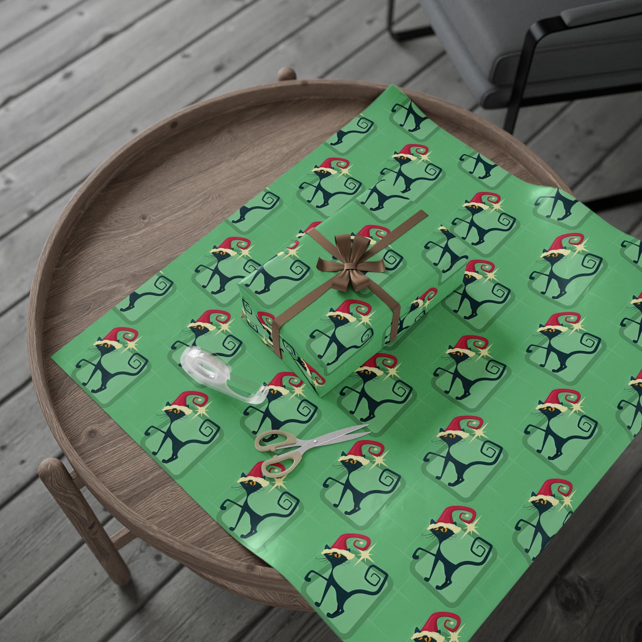 Kate McEnroe New York Mid Century Modern Atomic Cat Retro Christmas Wrapping Paper, MCM Green Kitschy Black Cats Holiday Gift WrapWrapping Paper41035100250921654502